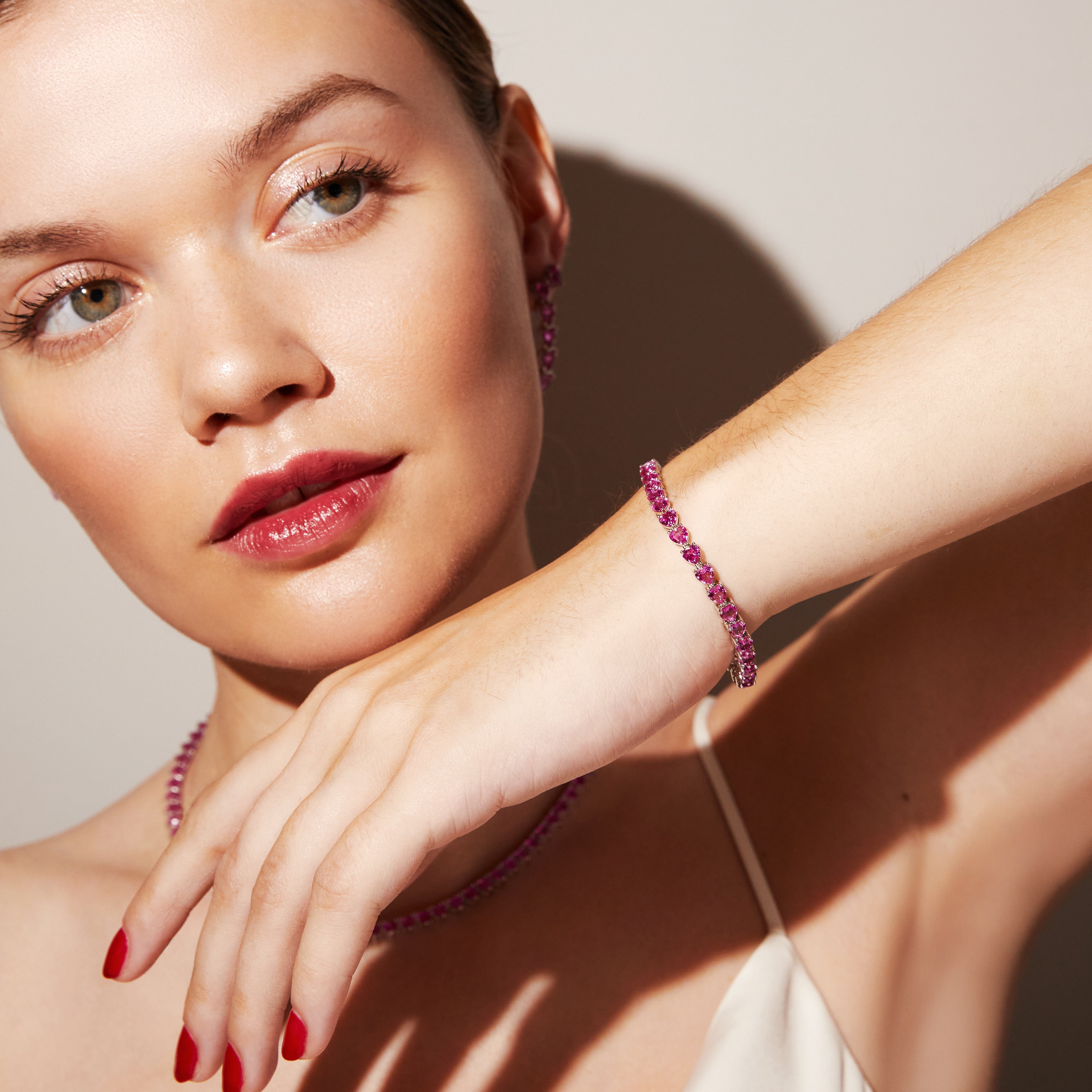 Lab Grown Pink Sapphire Heart Tennis Bracelet