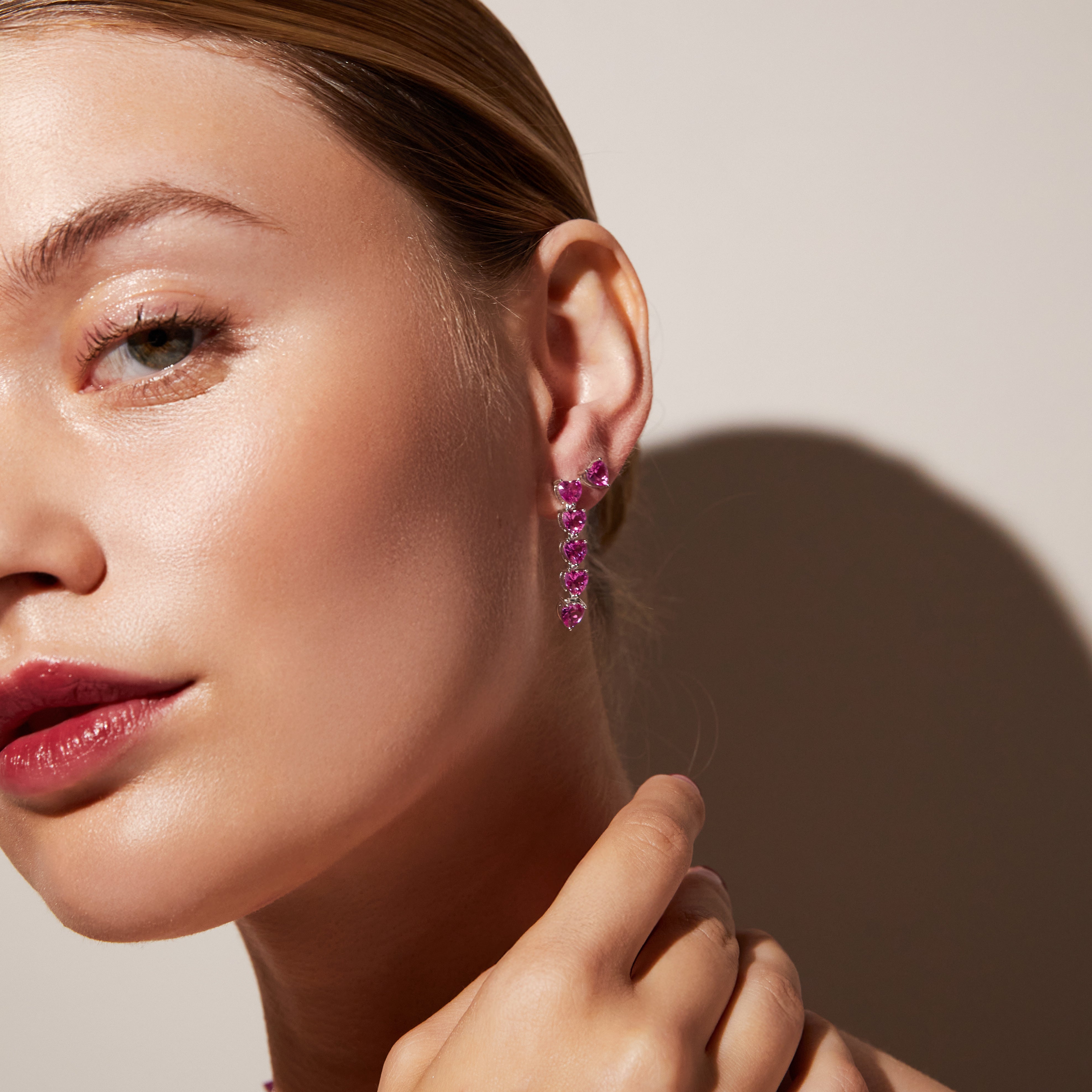 Lab Grown Pink Sapphire Heart Tennis Earrings