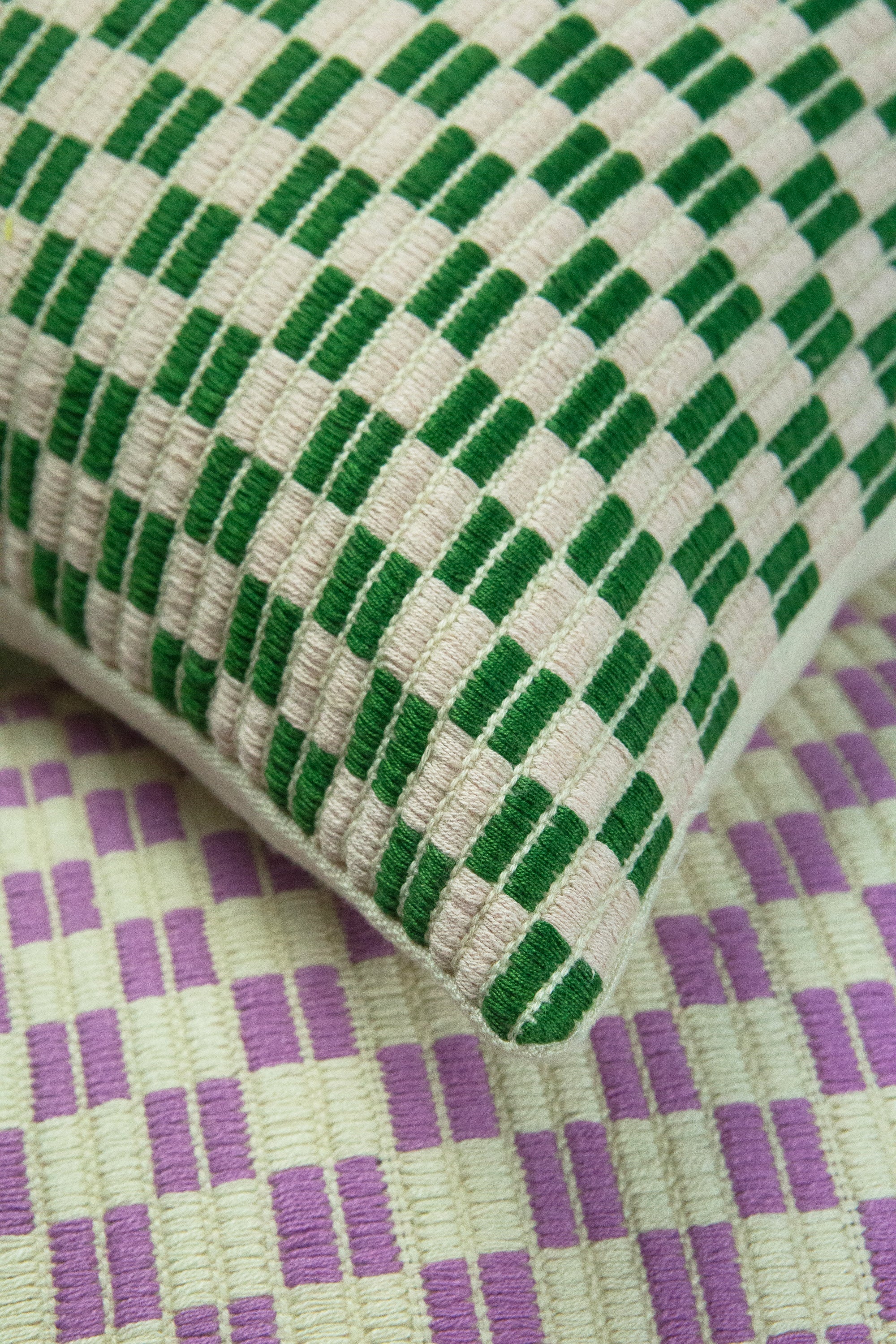 Checkered Brocade Pillow (Green & Cream)