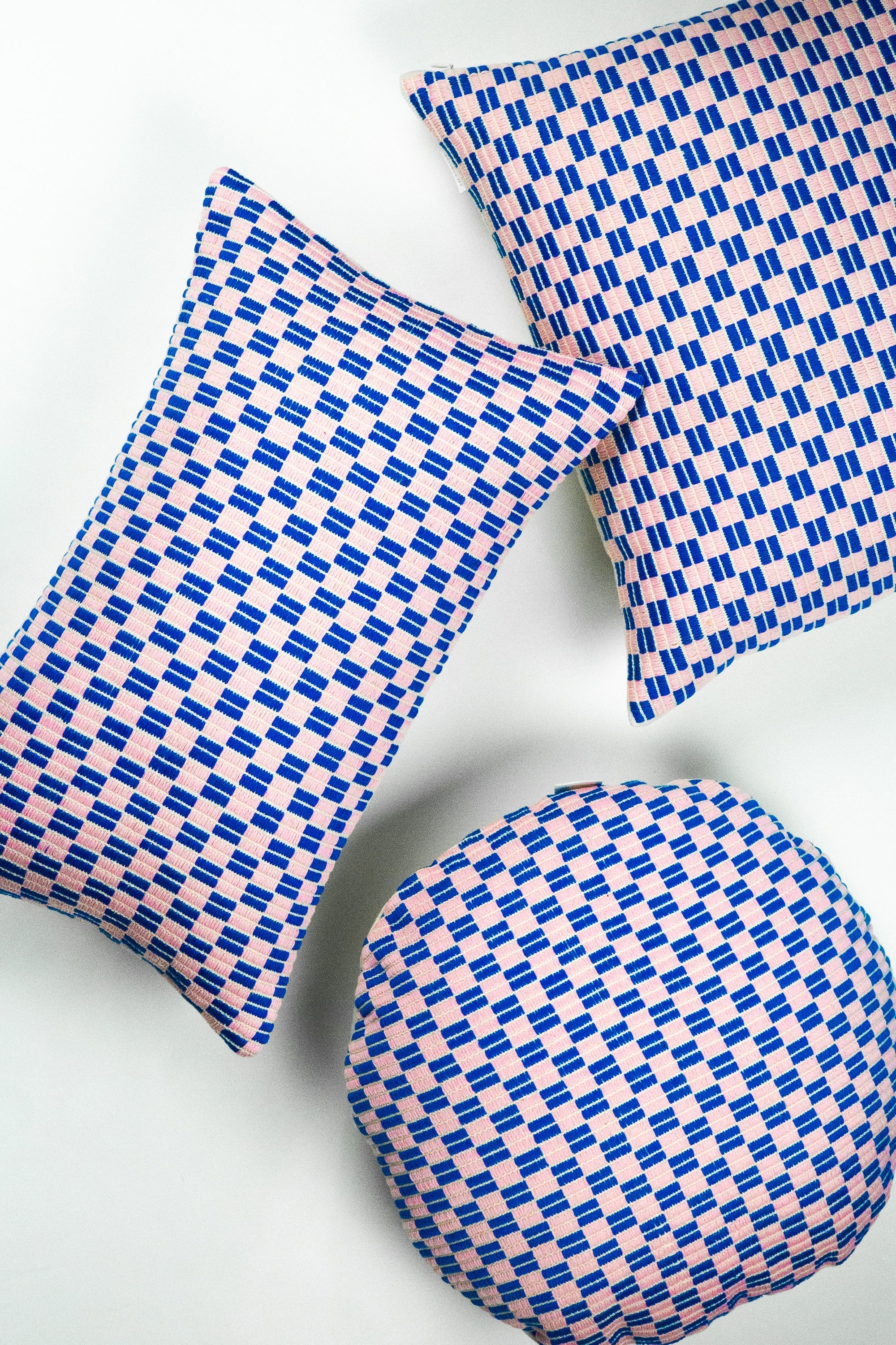 Checkered Blue & Pink Brocade Pillows