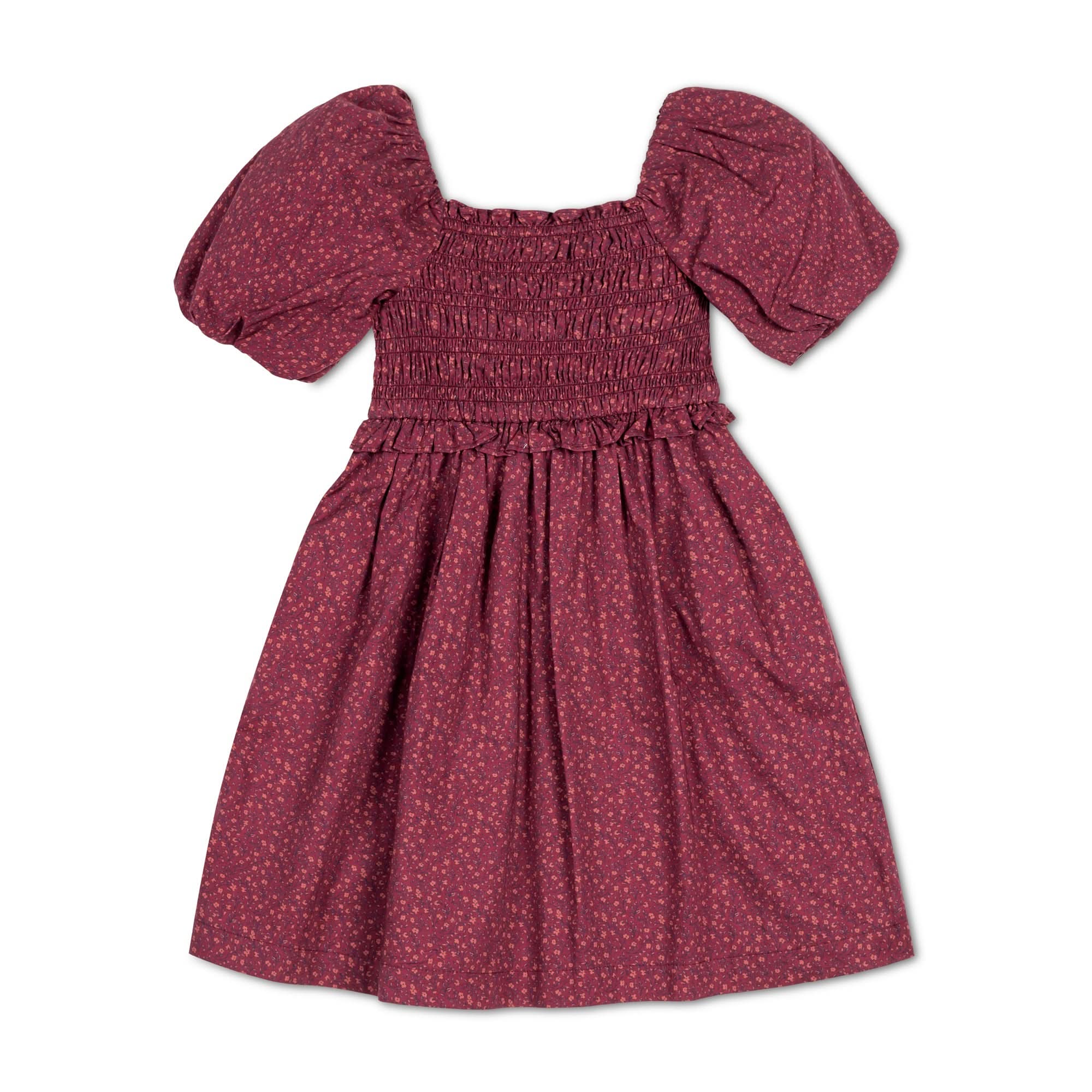 Smocked Bubble Sleeve Dress (Berry)