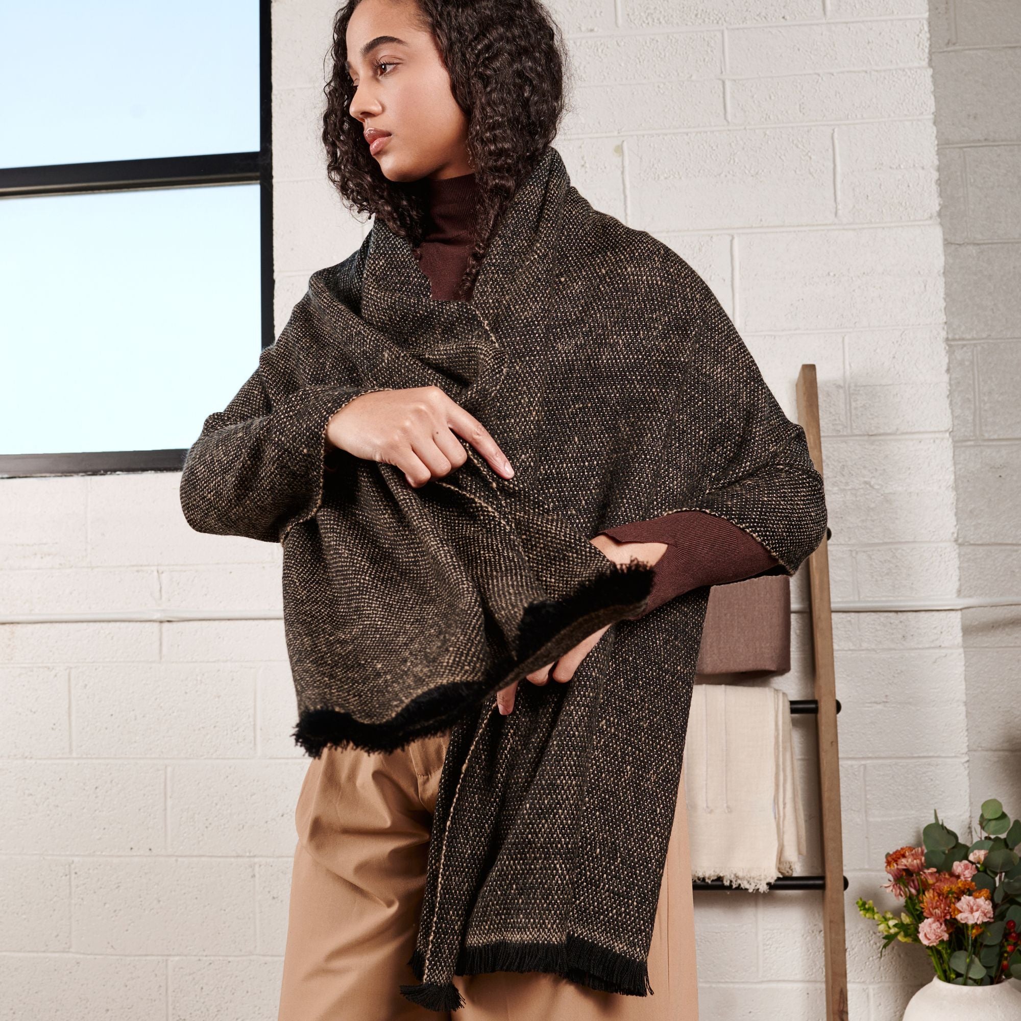 Graphite Black Brown Plush Soft Large Handloom Merino Scarf