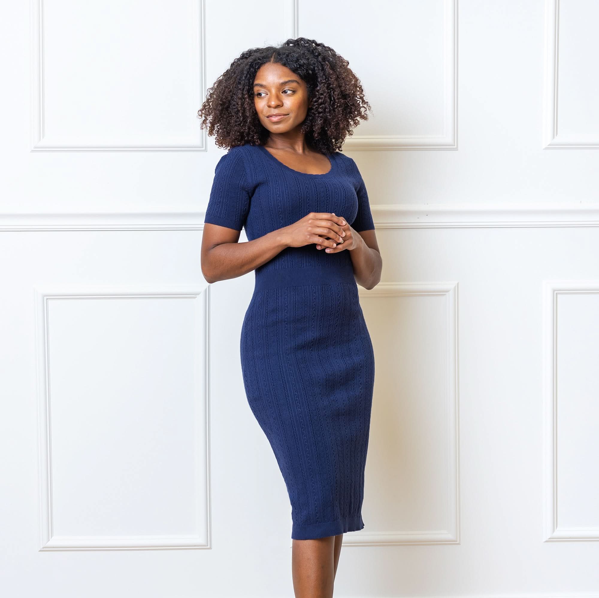 Fitted Cable Sweater Dress (Navy)