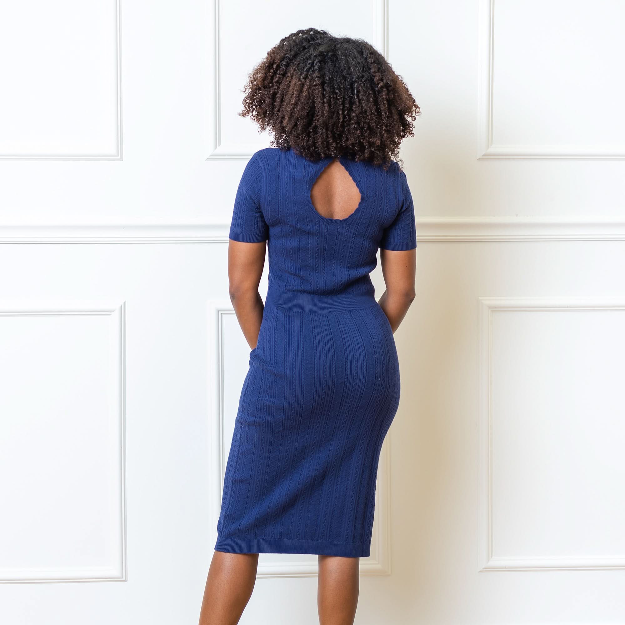 Fitted Cable Sweater Dress (Navy)