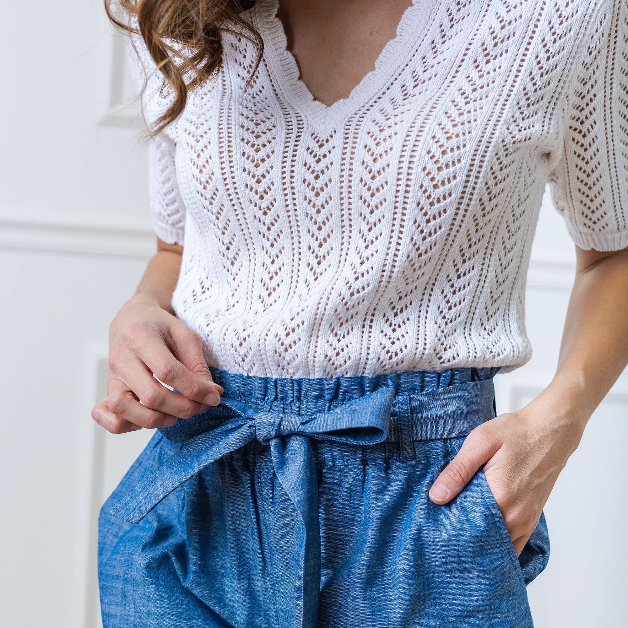 V-Neck Pointelle Sweater (White)