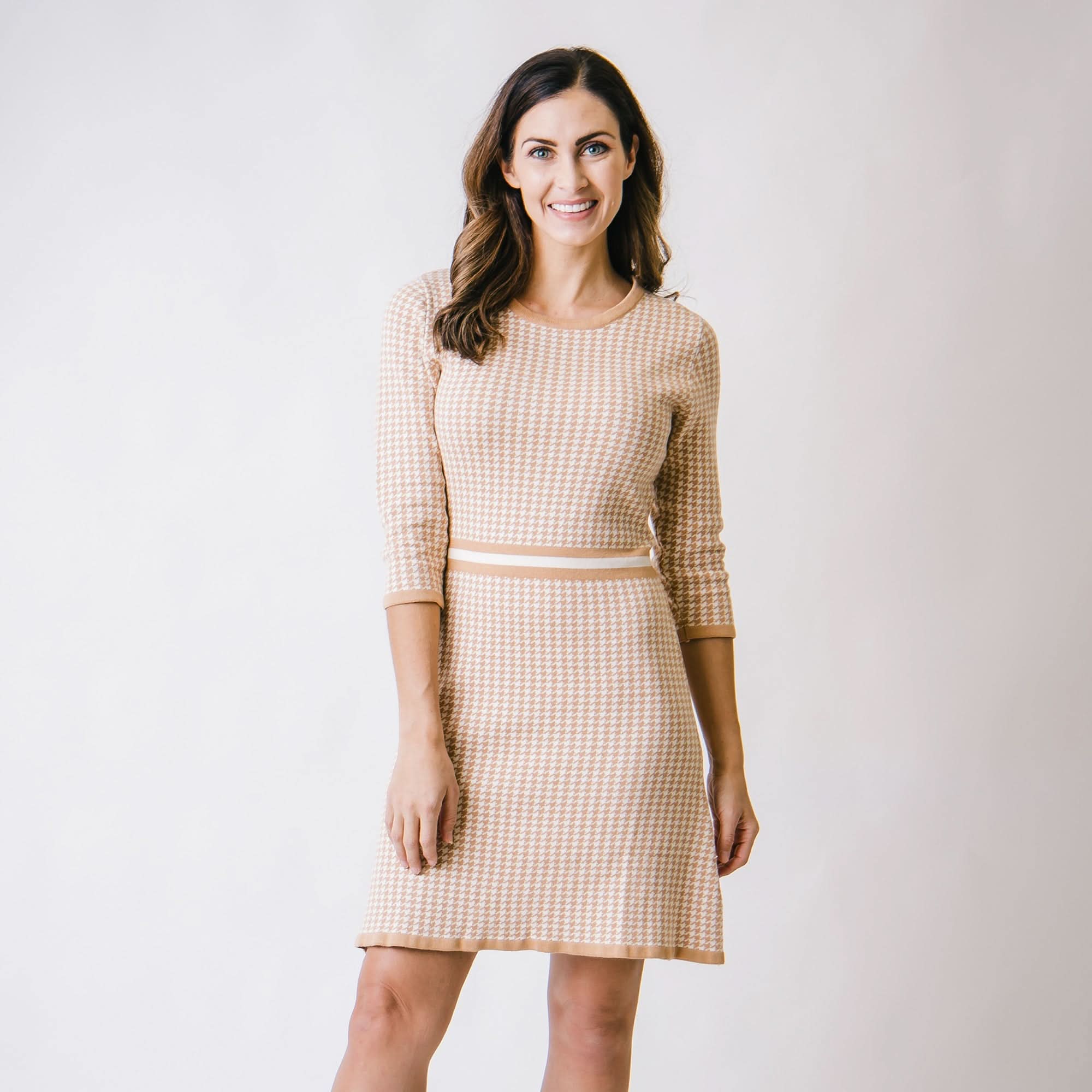 3/4 Sleeve Fit and Flare Sweater Dress (Tan)