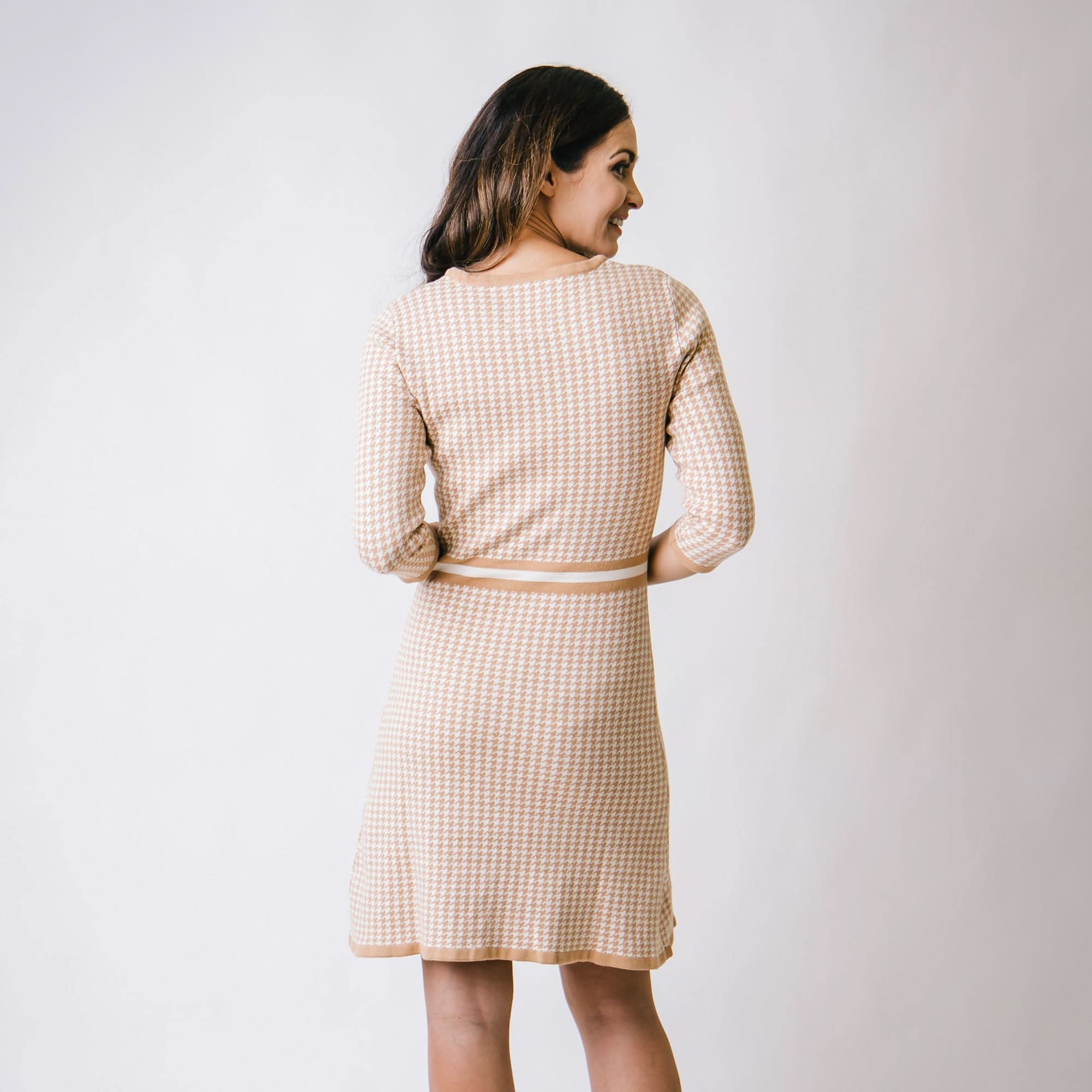 3/4 Sleeve Fit and Flare Sweater Dress (Tan)