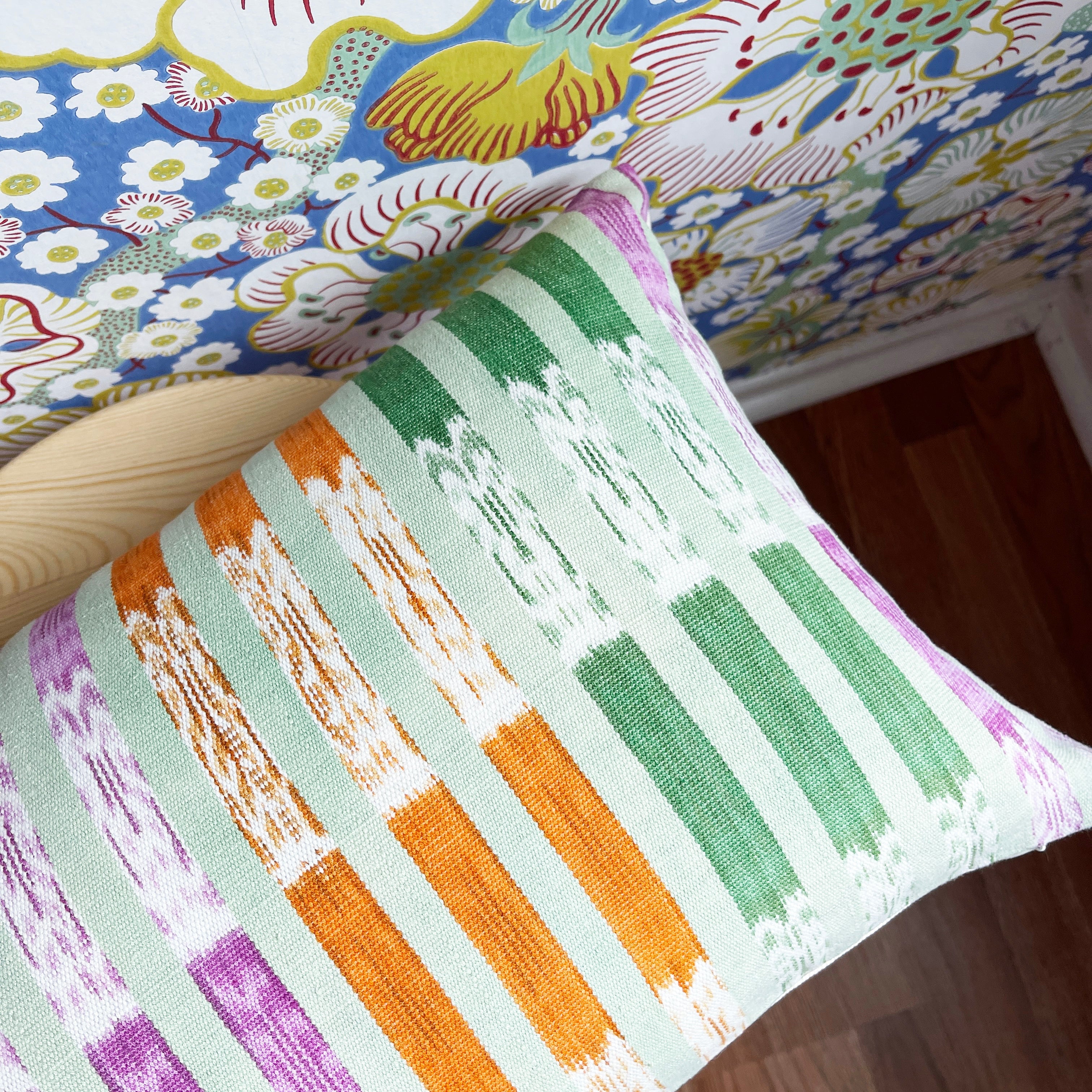 Vintage Ikat Mint Green, Orange & Magenta Stripe Pillow