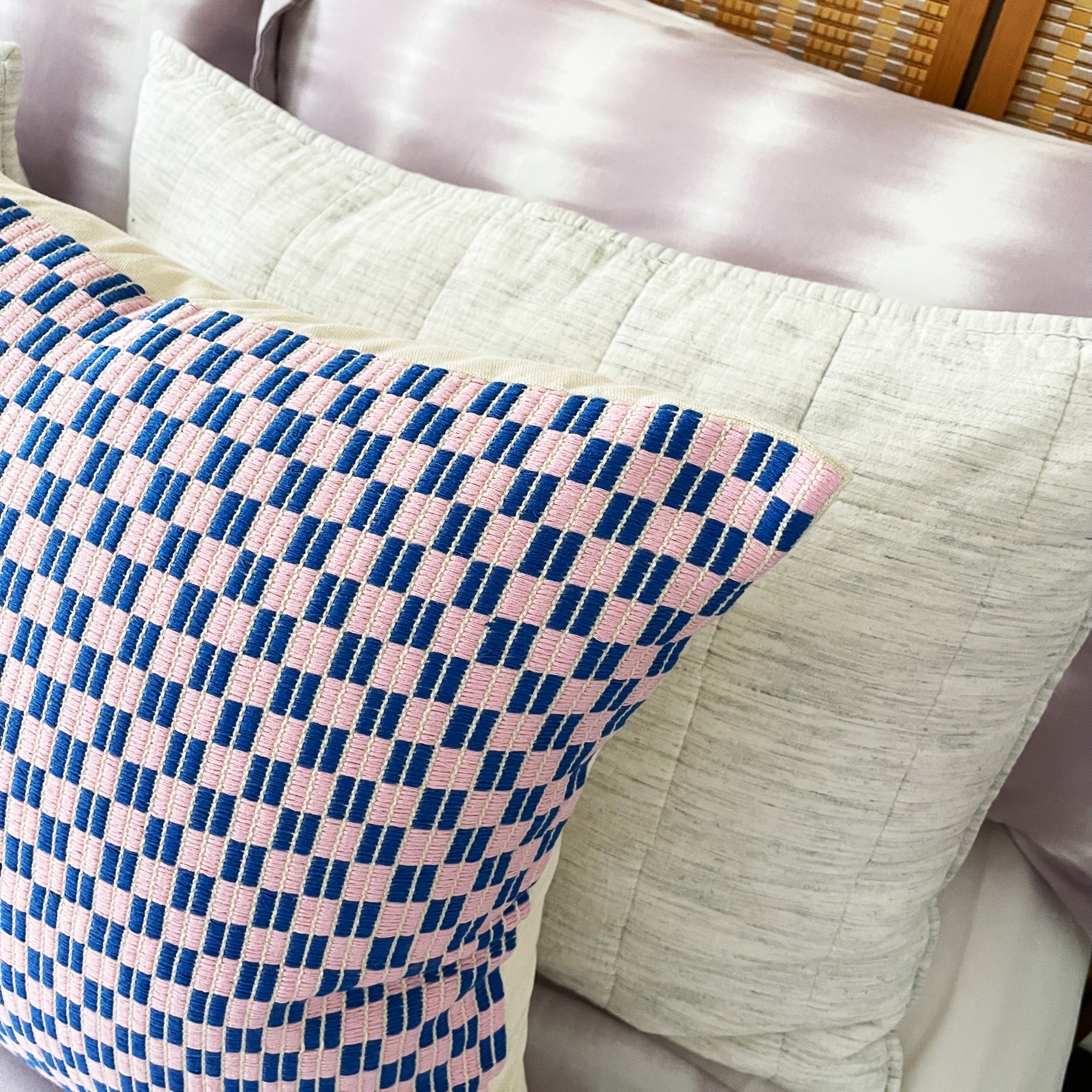 Checkered Blue & Pink Brocade Pillows