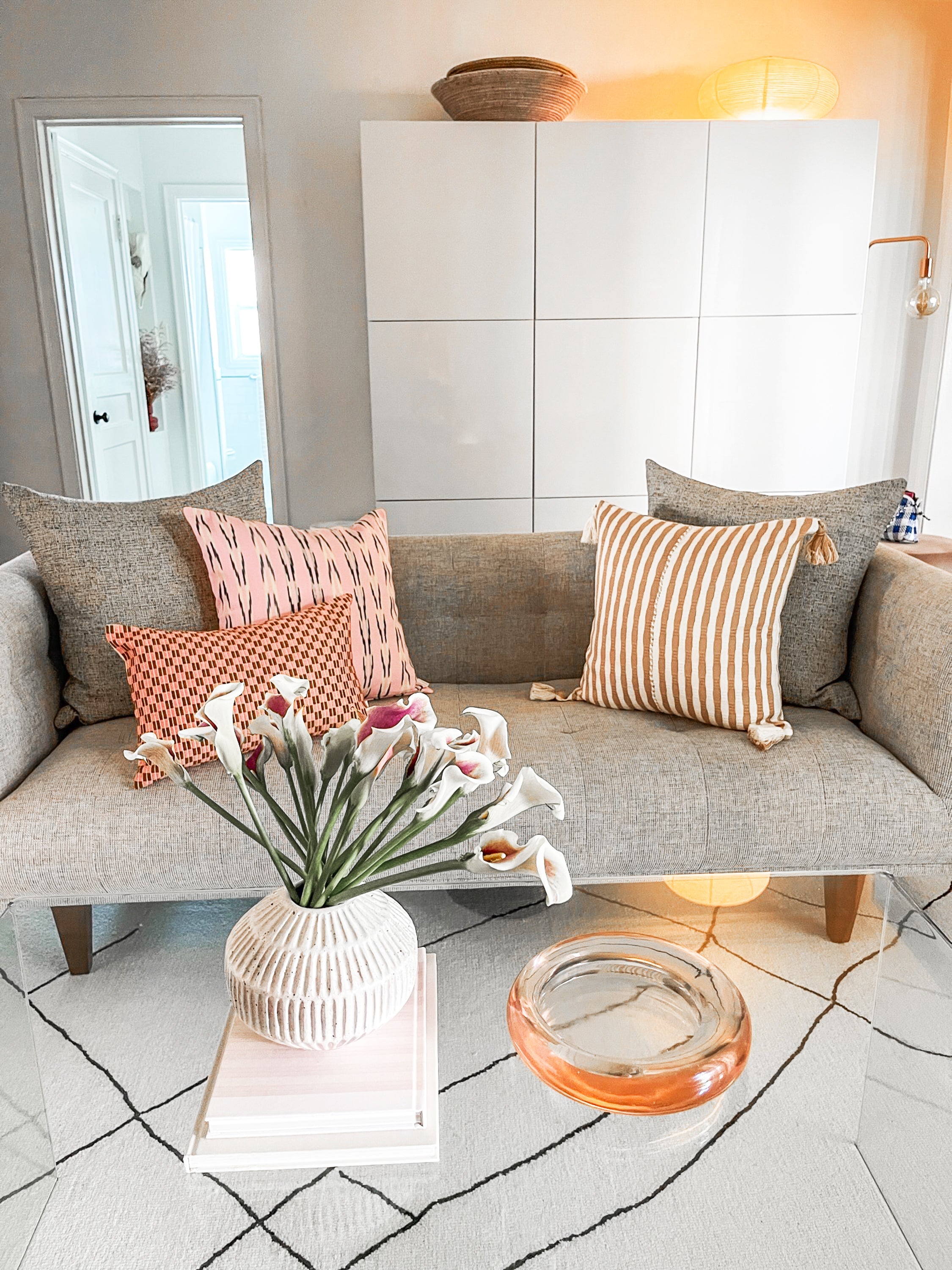 Checkered Brocade Pillow (Pink & Umber)