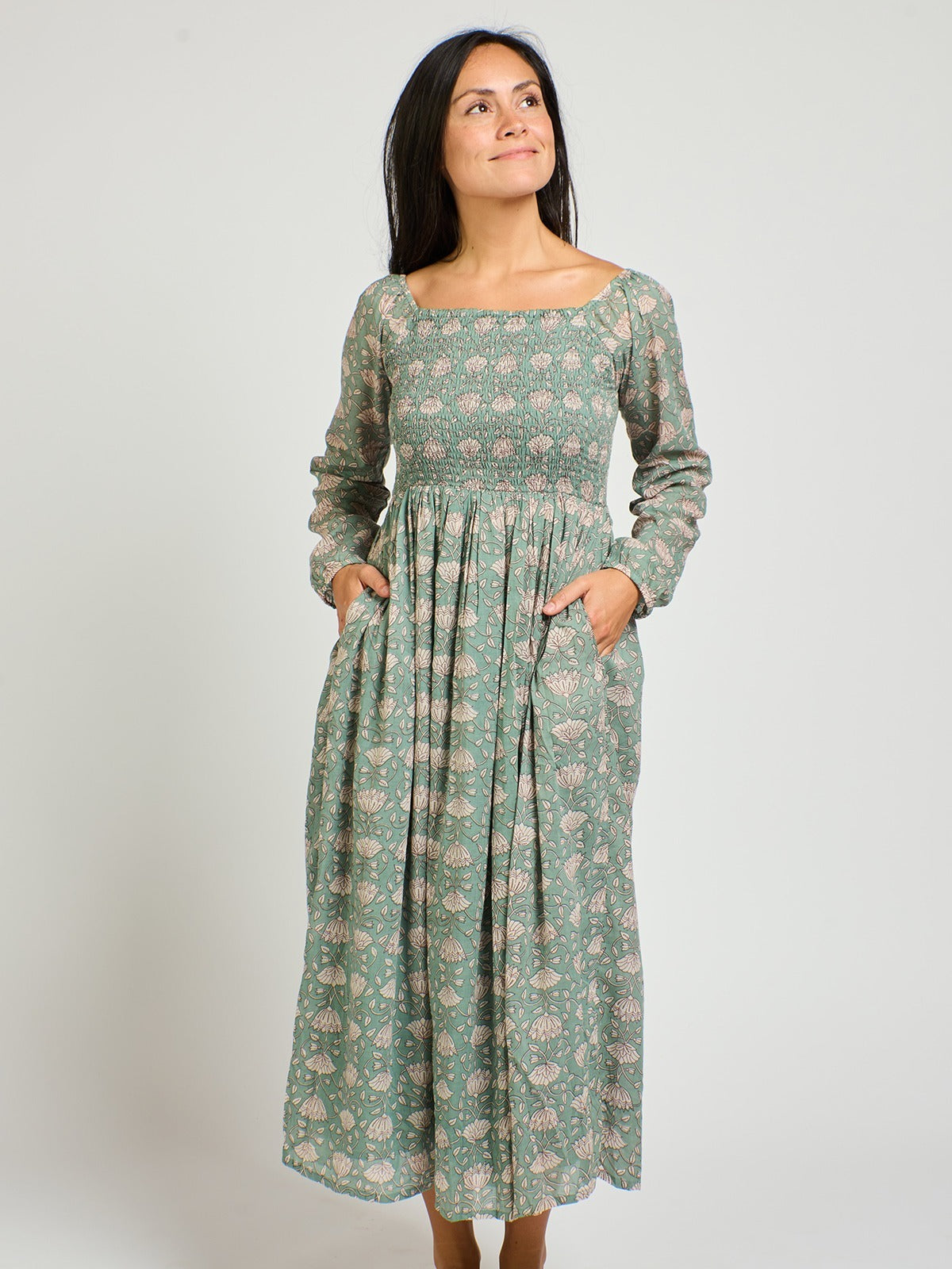 Hailee Smocked Midi Dress (Aegean Teal Floral)