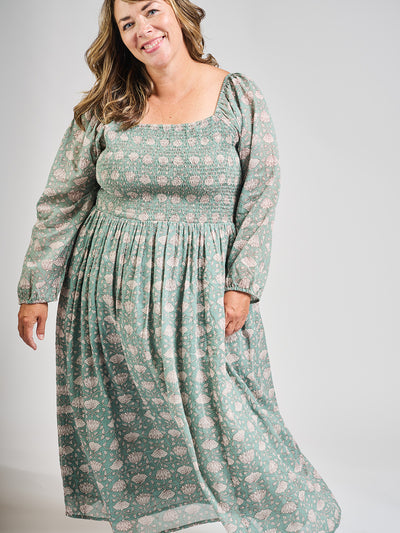 Hailee Smocked Plus Size Midi Dress (Aegean Teal Floral)