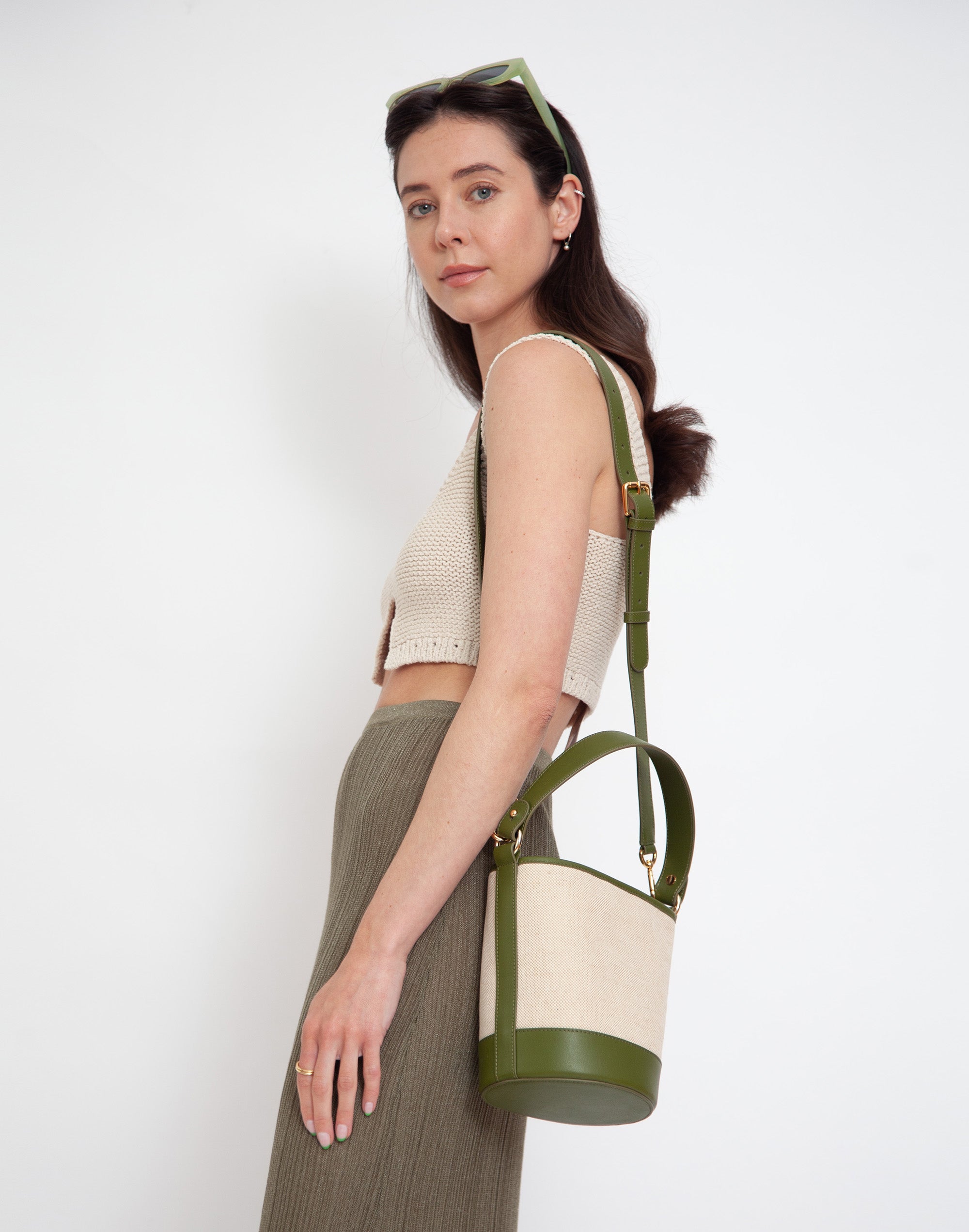 Canvas Mini Bucket Bag (Linen/Olive)