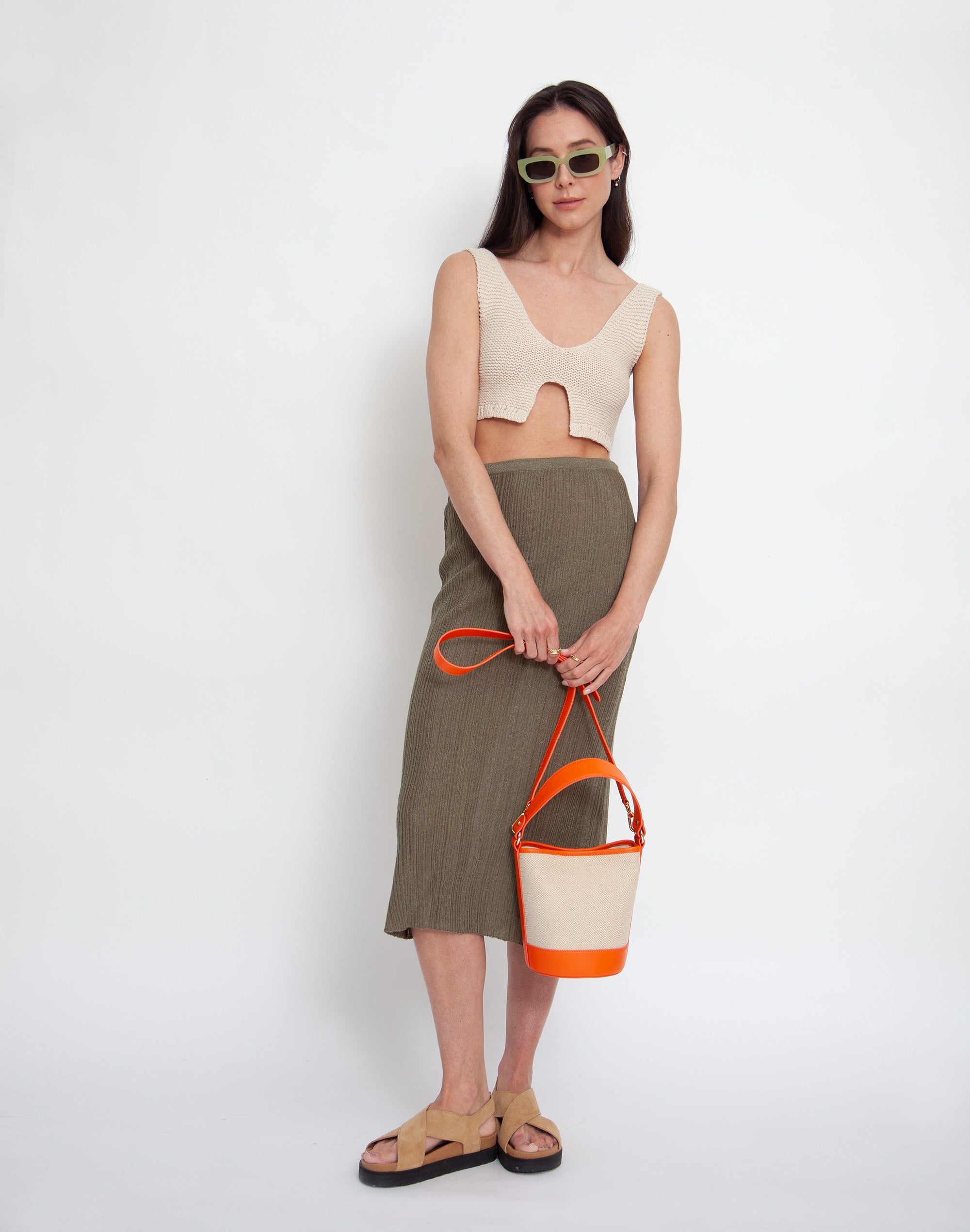 Canvas Mini Bucket Bag (Linen/Orange)