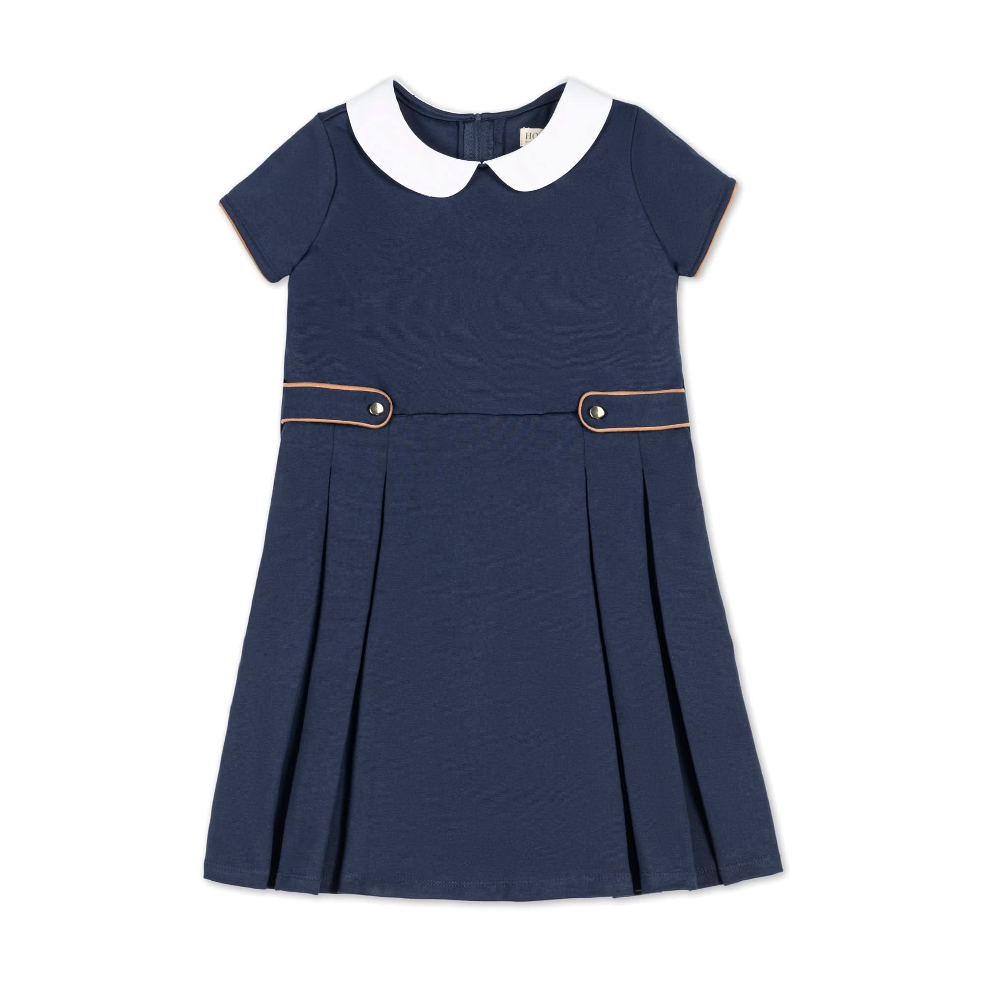 Pleated Ponte Dress with Collar (Navy)
