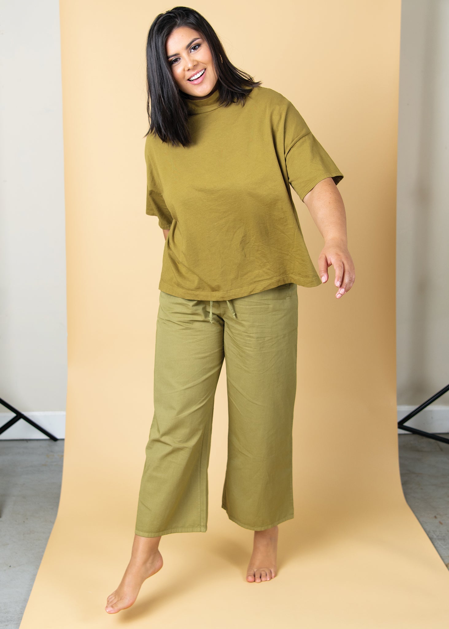 Mare Mock Neck Top - Olive Oil 16 - Full Front View