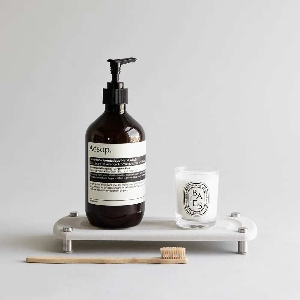 elegant sink organizer with soap dispenser