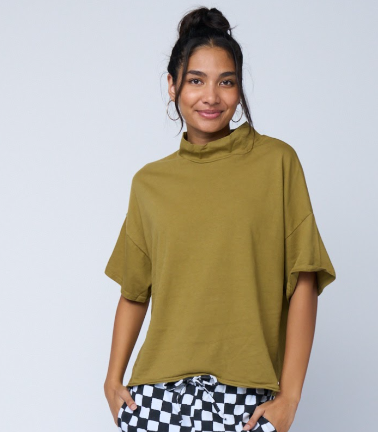 Mare Mock Neck Top - Olive Oil 2 - Front - Half