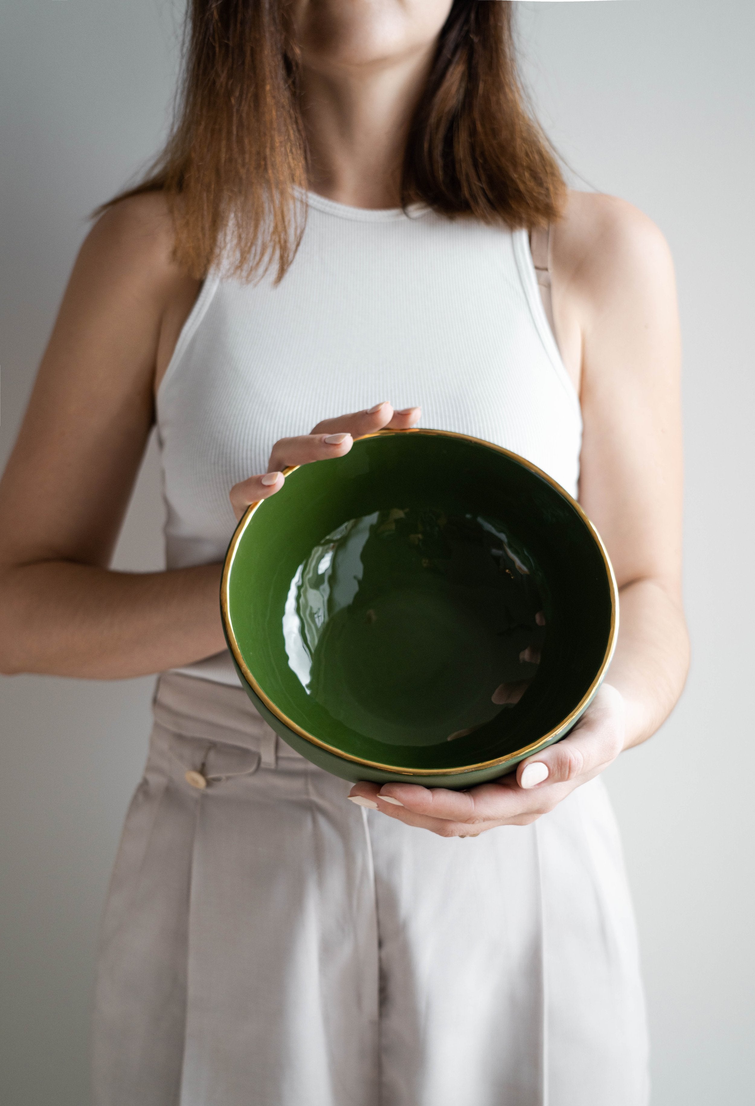 Porcelain Salad Serving Bowl with Gold Rim (Green)