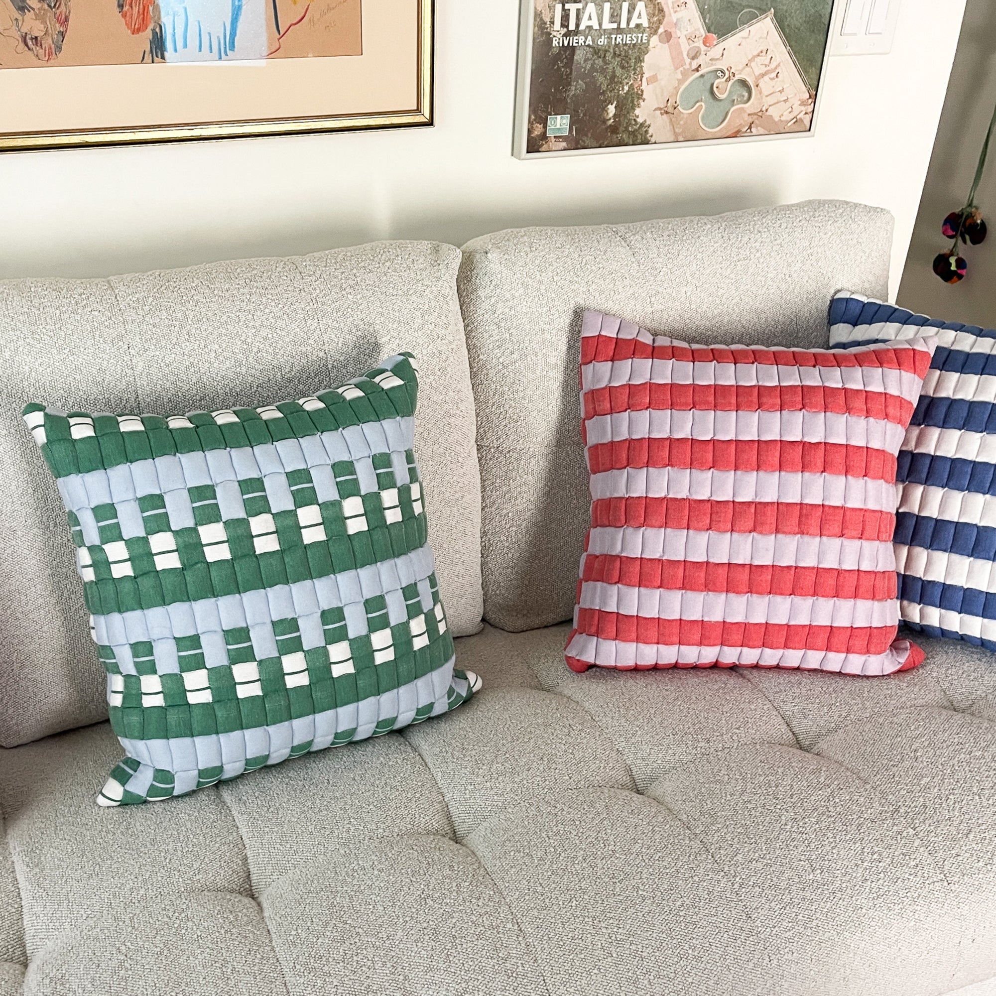 Sujani Quilted Pillow (Baby Blue, White & Green)