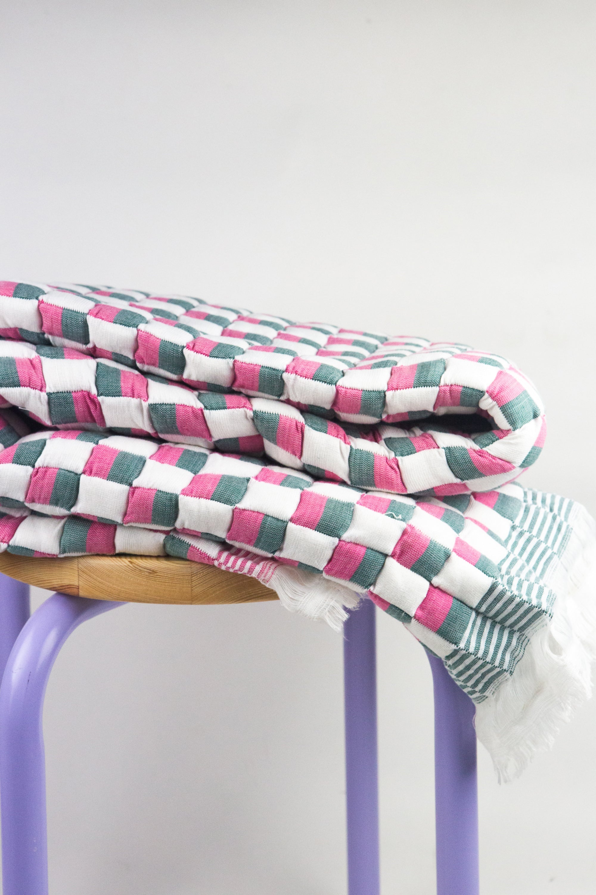 Quilted Sujani Throw Blanket (Pink, Green & White)