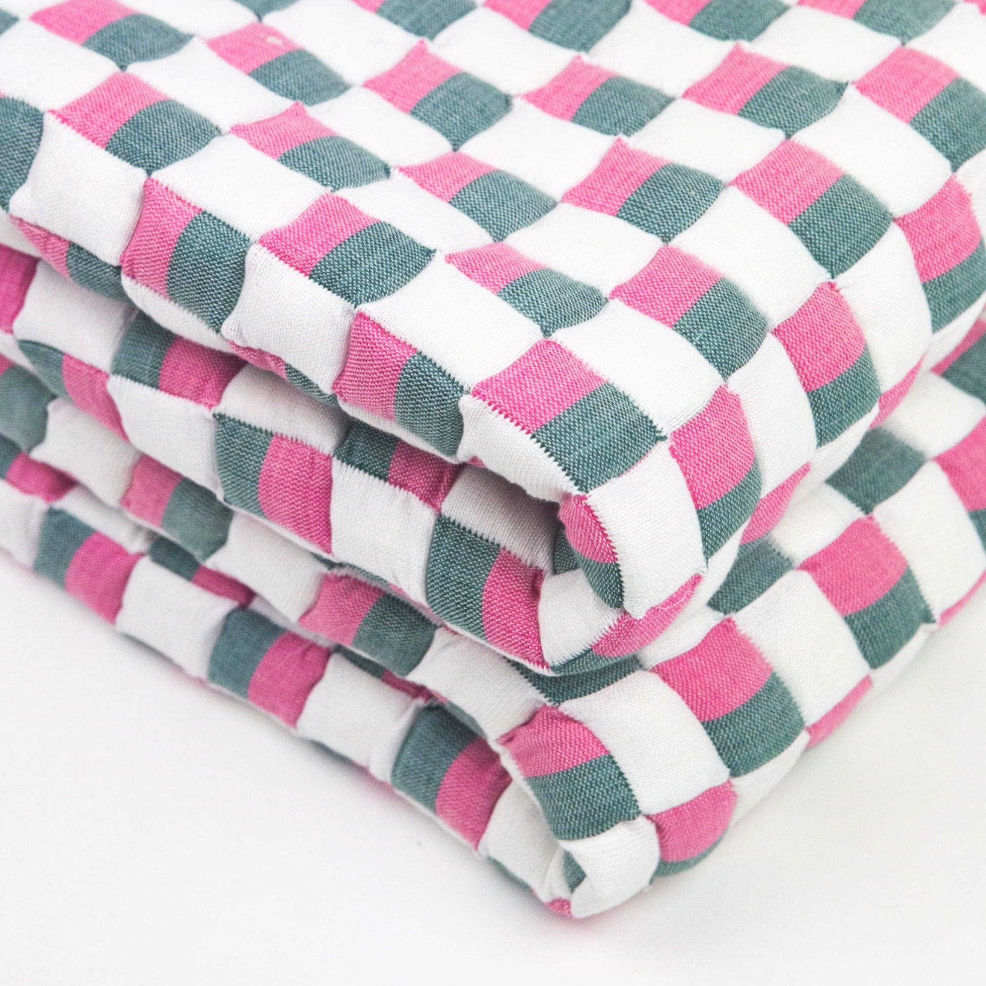 Quilted Sujani Throw Blanket (Pink, Green & White)