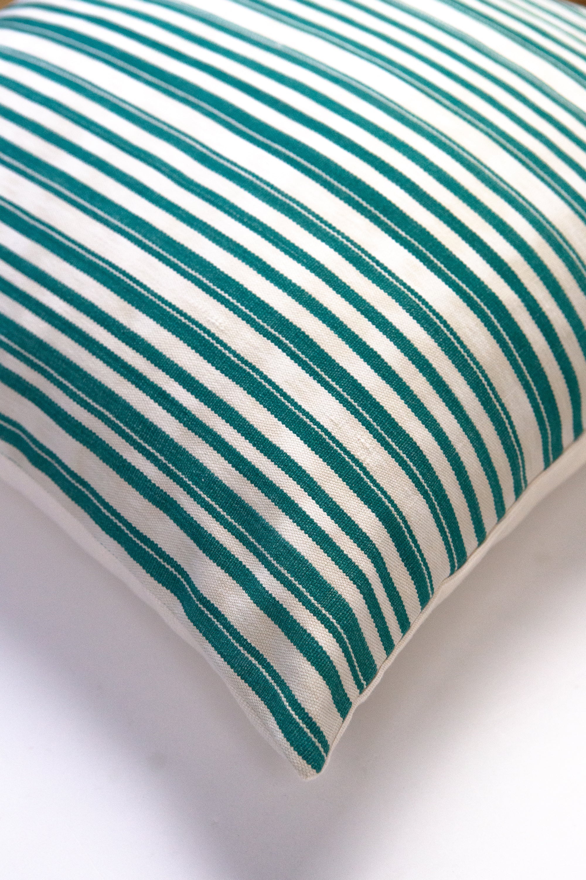 Vintage Jade Green & Natural Ivory Striped Pillow