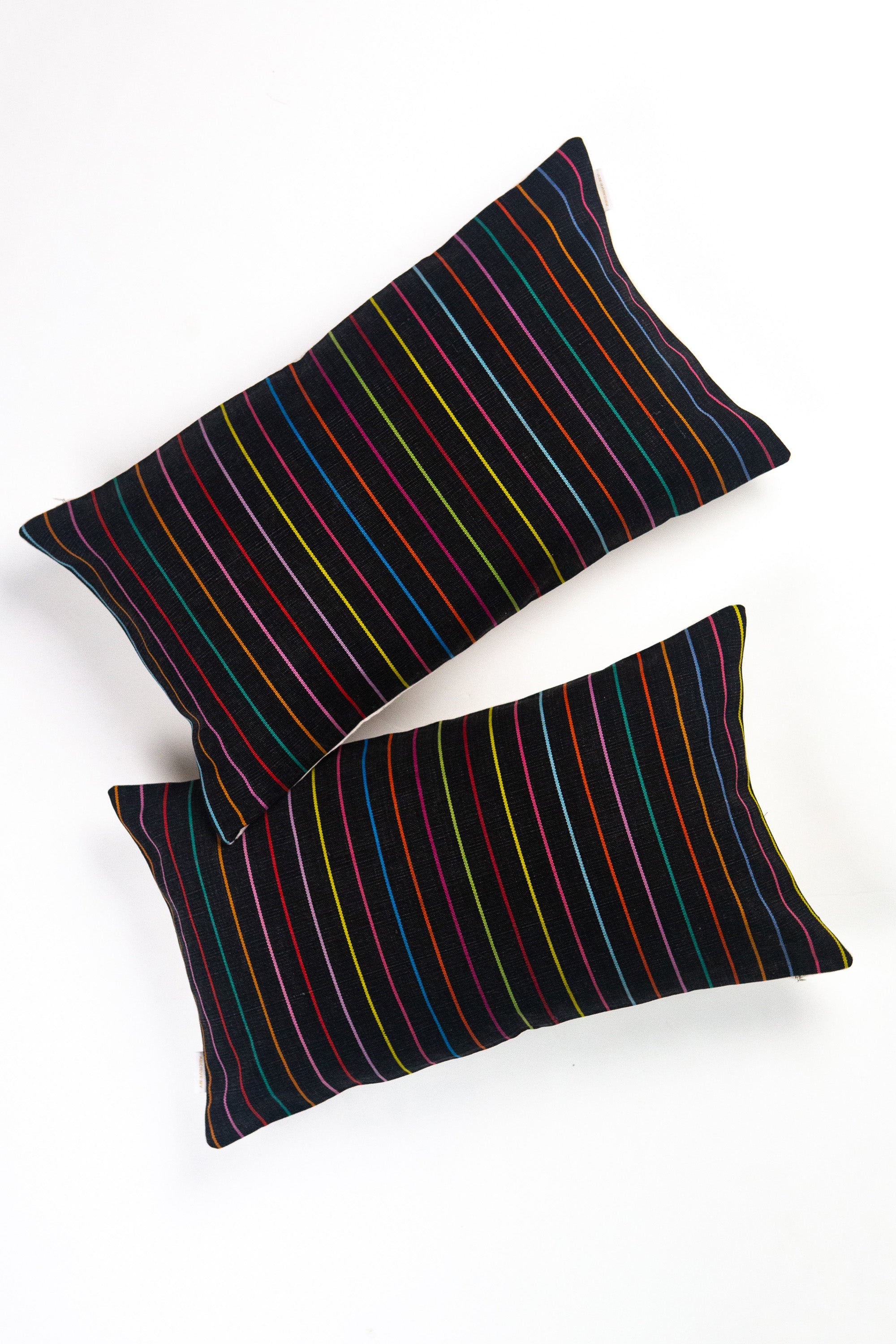 Vintage Washed Black Denim Rainbow Striped Pillow