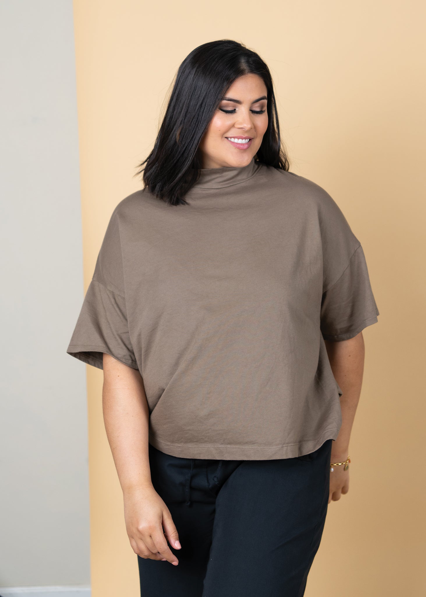 Mare Mock Neck Top - Warm Grey 15 - Front Close up