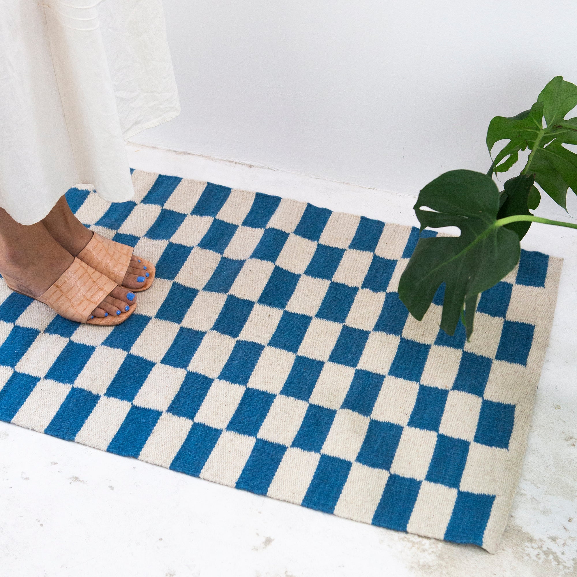 Zapotec Checkered Rug (Blue & Ivory)