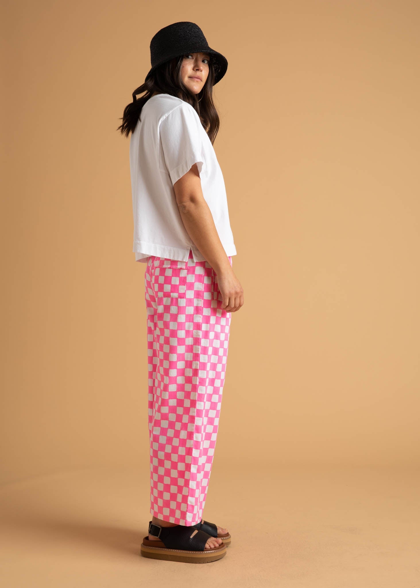 Shore Pant -  Checkerboard Neon Pink 4 - Side view - Full