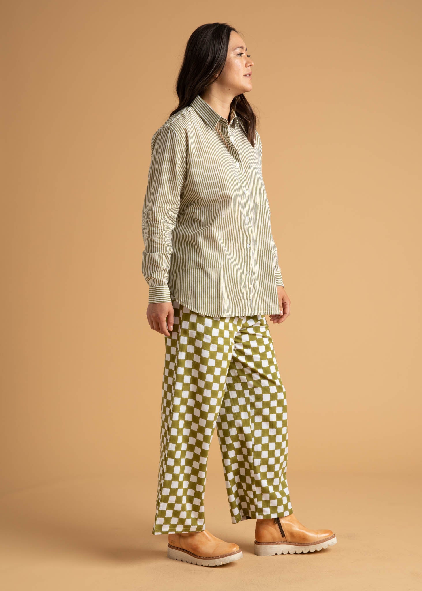Shore Pant - Checkerboard Olive Oil 6 - Side - Front