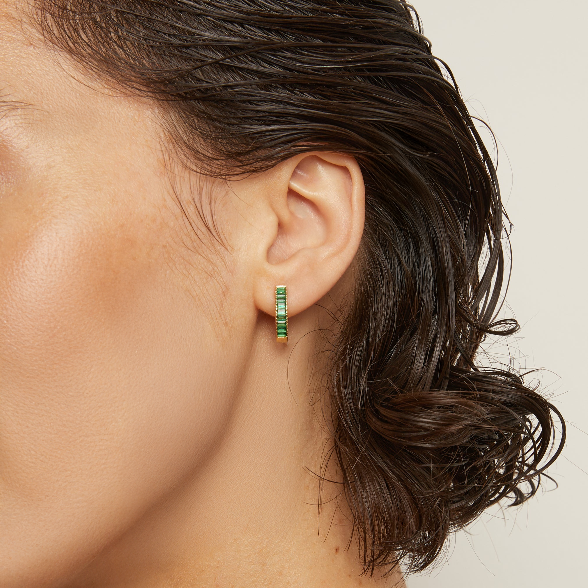 Lab Grown Green Emerald Baguette Huggie Earrings