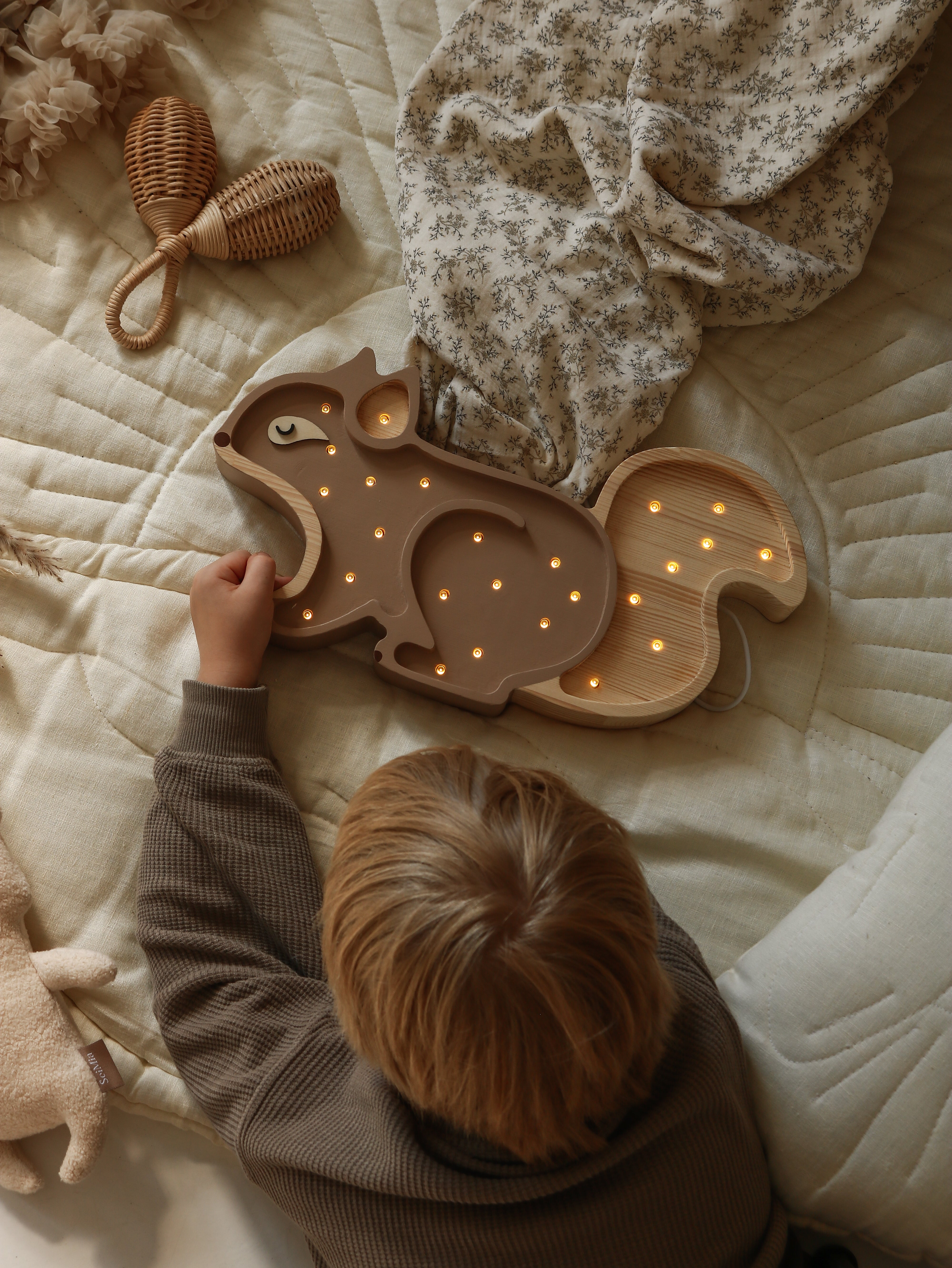 Cappuccino Squirrel Lamp by Little Lights, handcrafted wooden LED nursery lamp with dimmer and remote