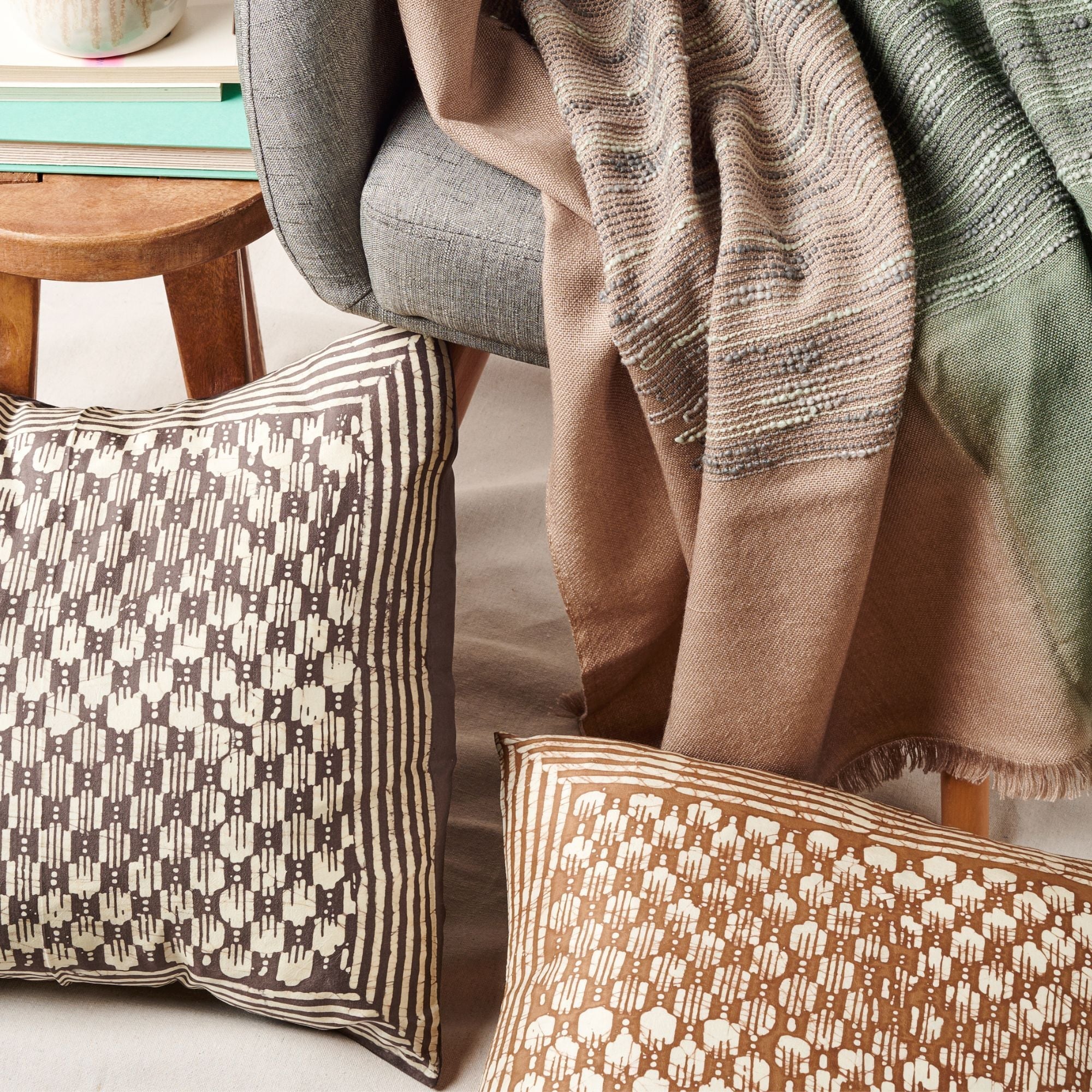 Oasis Wax Block Print Mulberry Silk Pillow (Charcoal)