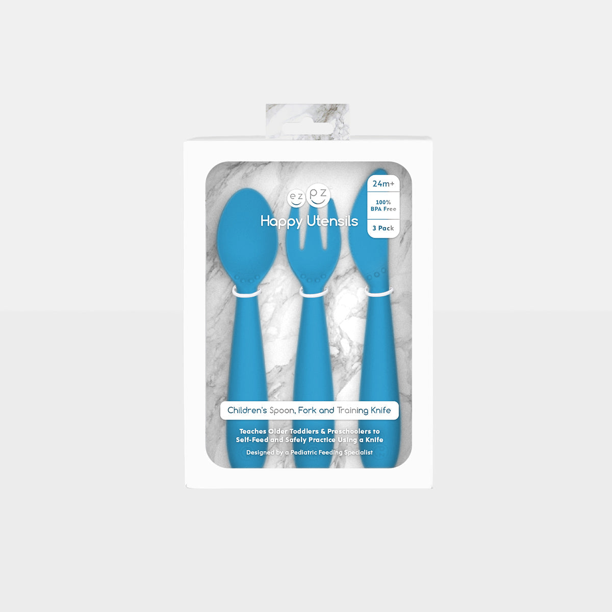 Happy Utensils in Blue by ezpz / Silicone Spoon, Fork and Knife Set for Kids #color_blue