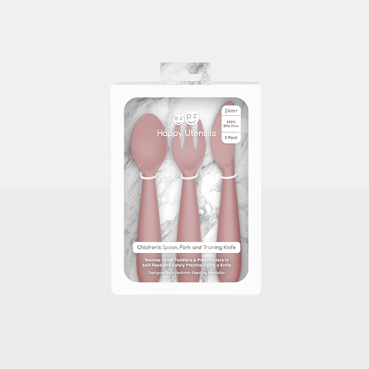 Happy Utensils in Blush by ezpz / Silicone Spoon, Fork and Knife Set for Kids #color_blush