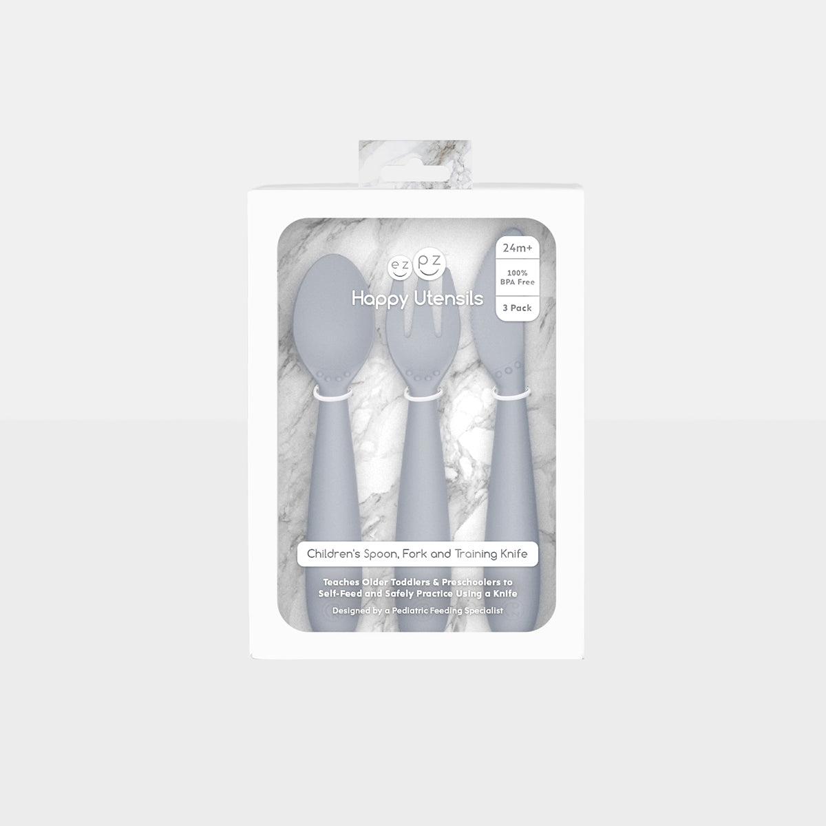 Happy Utensils in Pewter by ezpz / Silicone Spoon, Fork and Knife Set for Kids #color_pewter