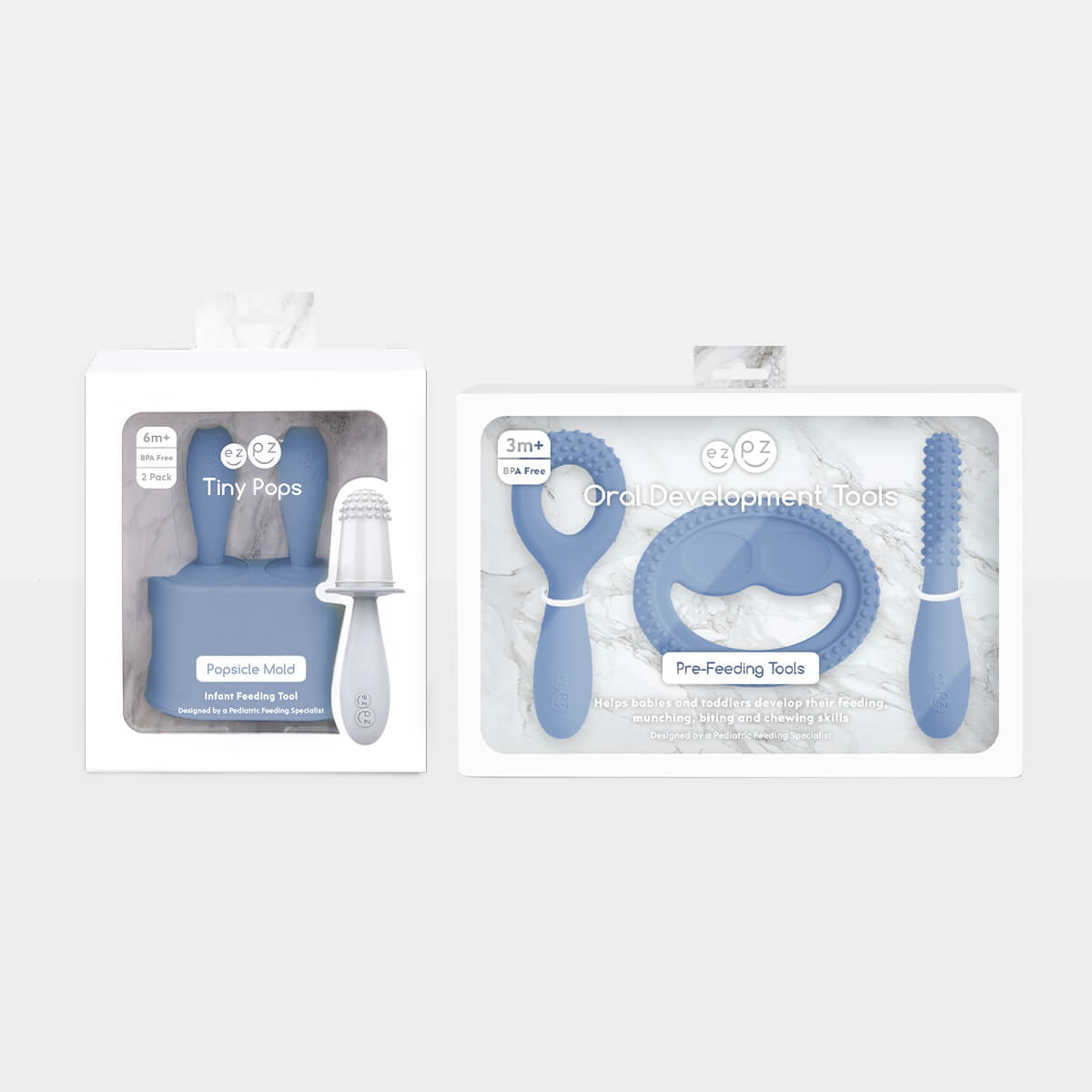 Pre-feeding set by ezpz in indigo blue includes the tiny pops (popsicle molds) and oral development tools (silicone teethers) #color_indigo