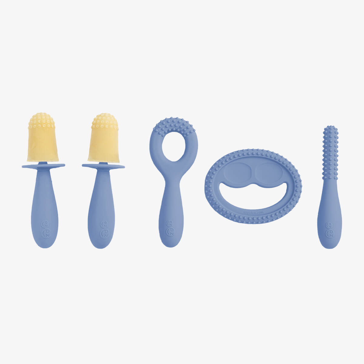Pre-feeding set by ezpz in indigo blue includes the tiny pops (popsicle molds) and oral development tools (silicone teethers) #color_indigo