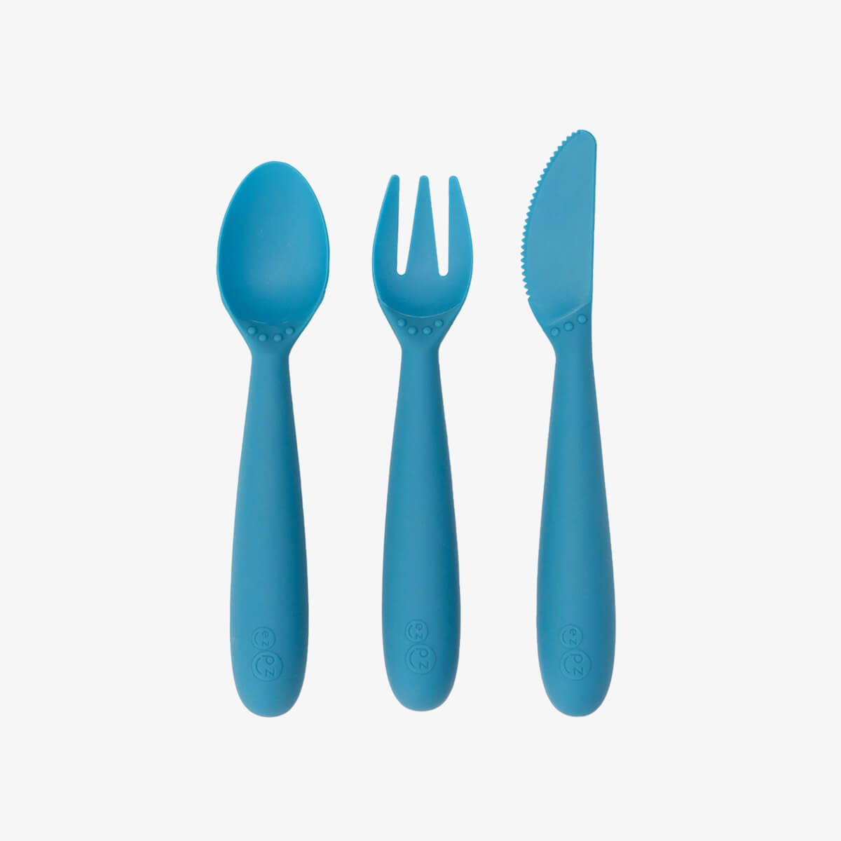 Happy Utensils in Blue by ezpz / Silicone Spoon, Fork and Knife Set for Kids #color_blue