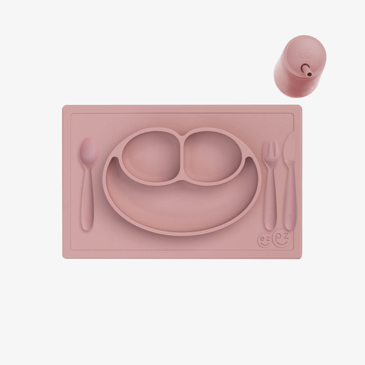 ezpz Happy Feeding Set in Blush / Silicone, Self-Suctioning Plate, Silicone Cup and Straw, Training Utensils for Toddlers #color_blush