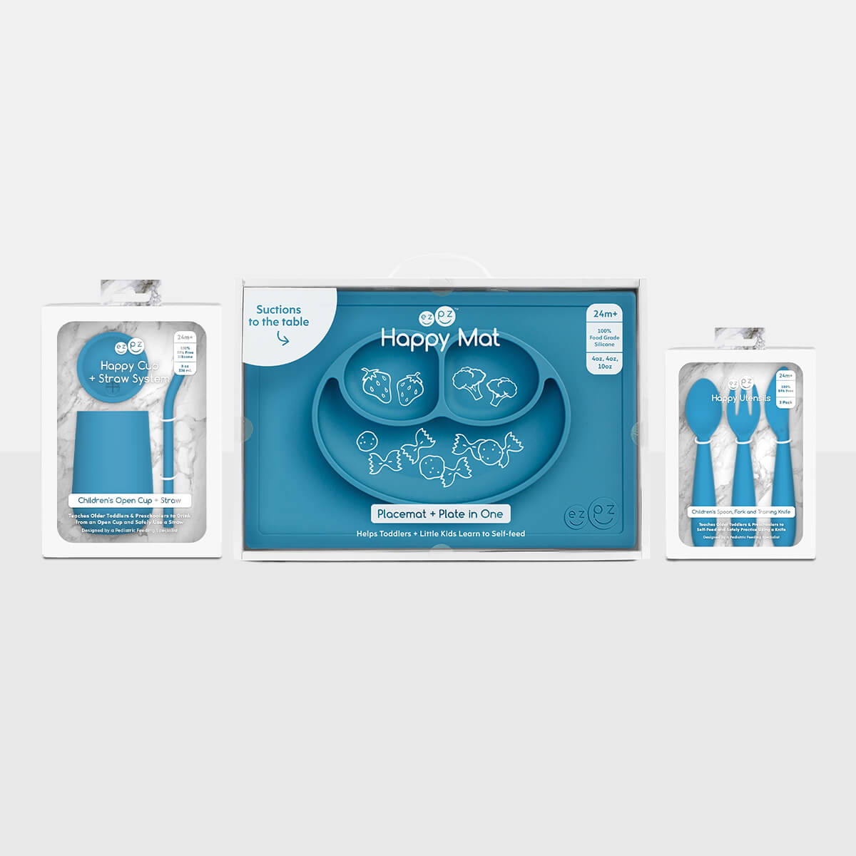 ezpz Happy Feeding Set in Blue / Silicone, Self-Suctioning Plate, Silicone Cup and Straw, Training Utensils for Toddlers #color_blue