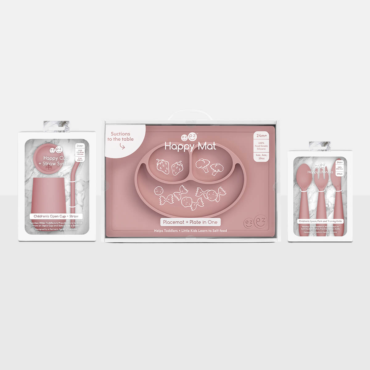 ezpz Happy Feeding Set in Blush / Silicone, Self-Suctioning Plate, Silicone Cup and Straw, Training Utensils for Toddlers #color_blush
