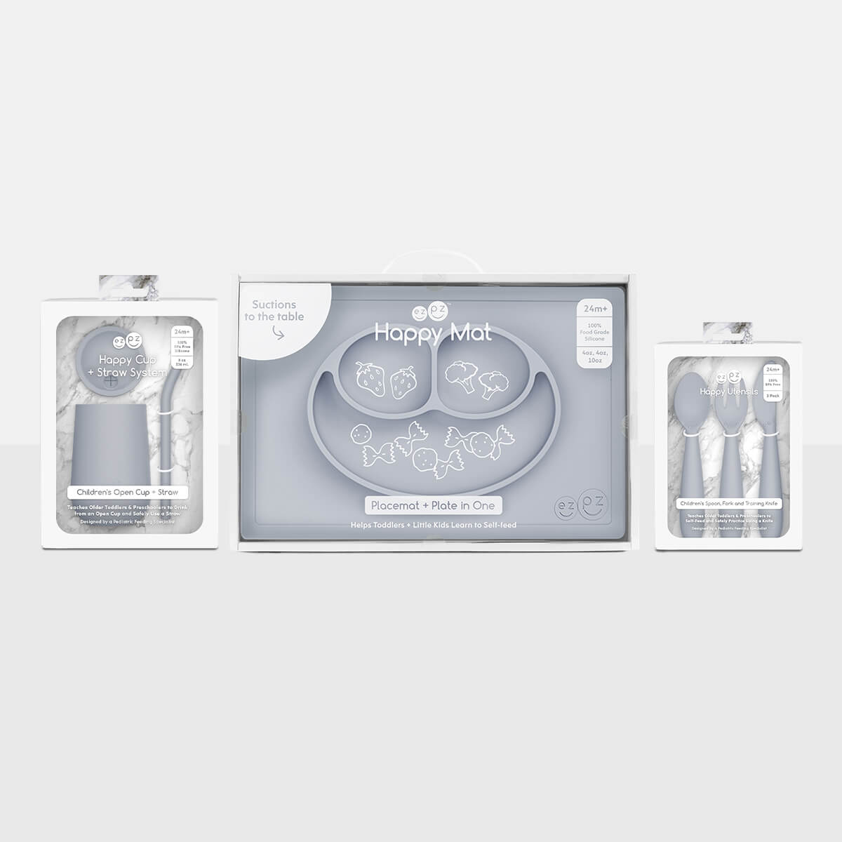 ezpz Happy Feeding Set in Pewter / Silicone, Self-Suctioning Plate, Silicone Cup and Straw, Training Utensils for Toddlers #color_pewter