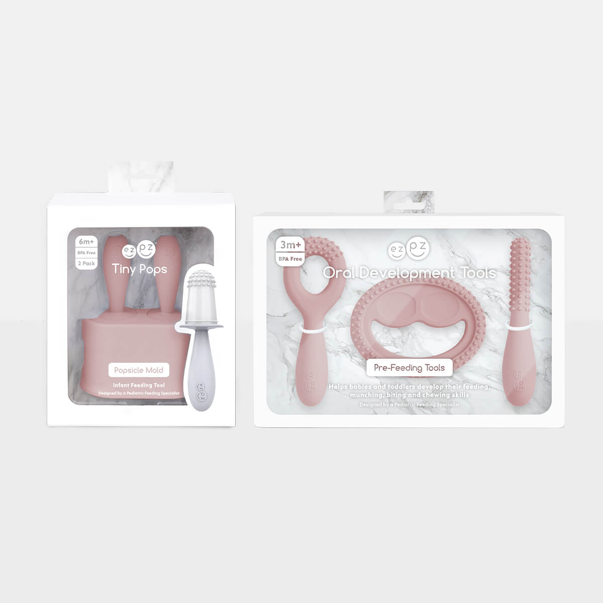 Pre-feeding set by ezpz in blush pink includes the tiny pops and oral development tools (silicone teethers) #color_blush