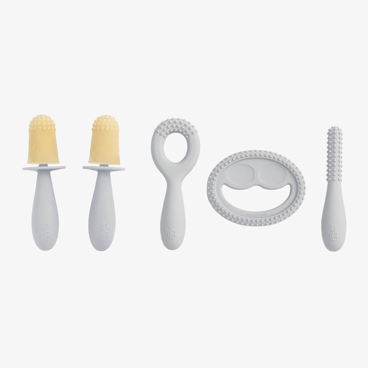 Pre-feeding set by ezpz in pewter light gray includes the tiny pops and oral development tools (silicone teethers) #color_pewter