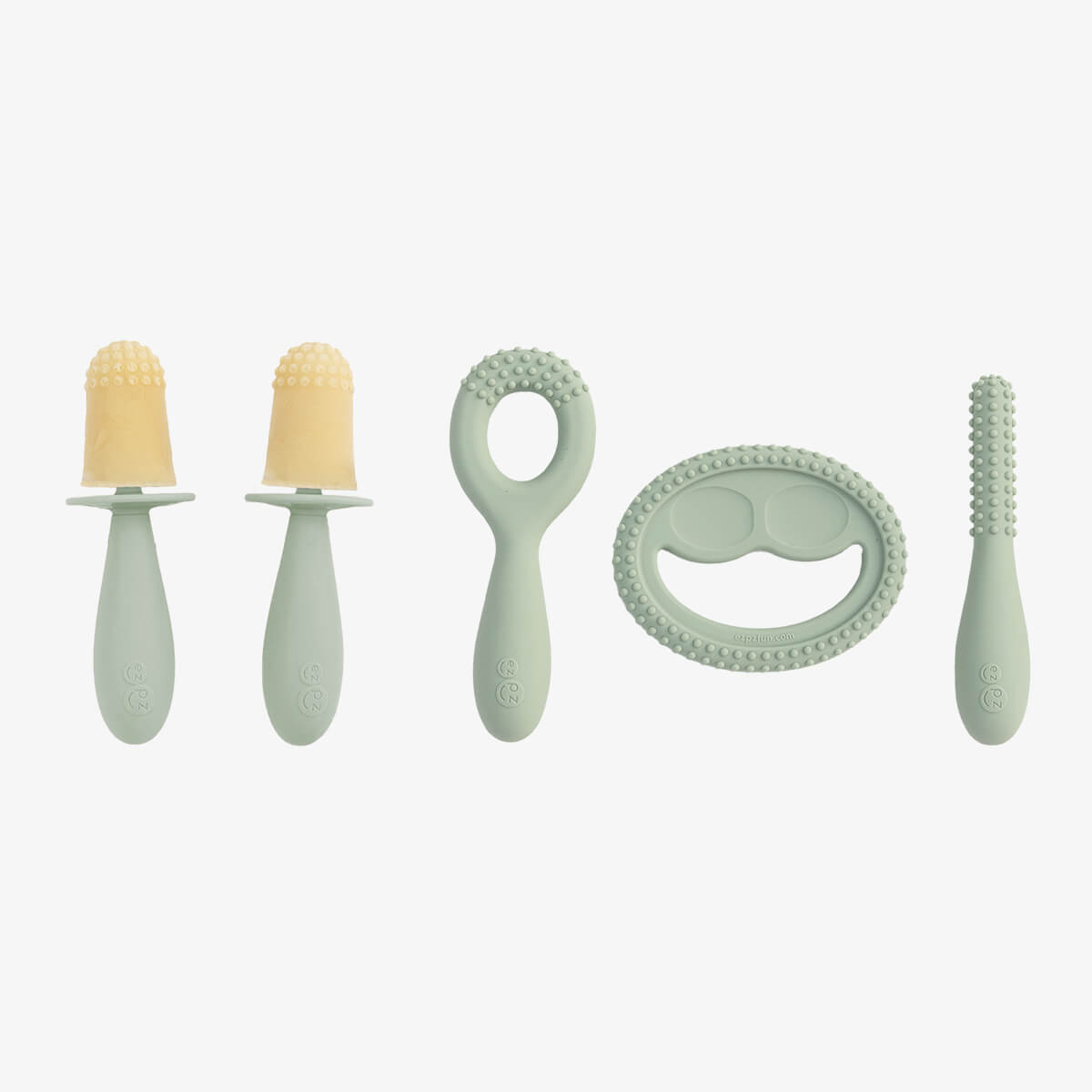 Pre-feeding set by ezpz in sage green includes the tiny pops and oral development tools (silicone teethers)#color_sage