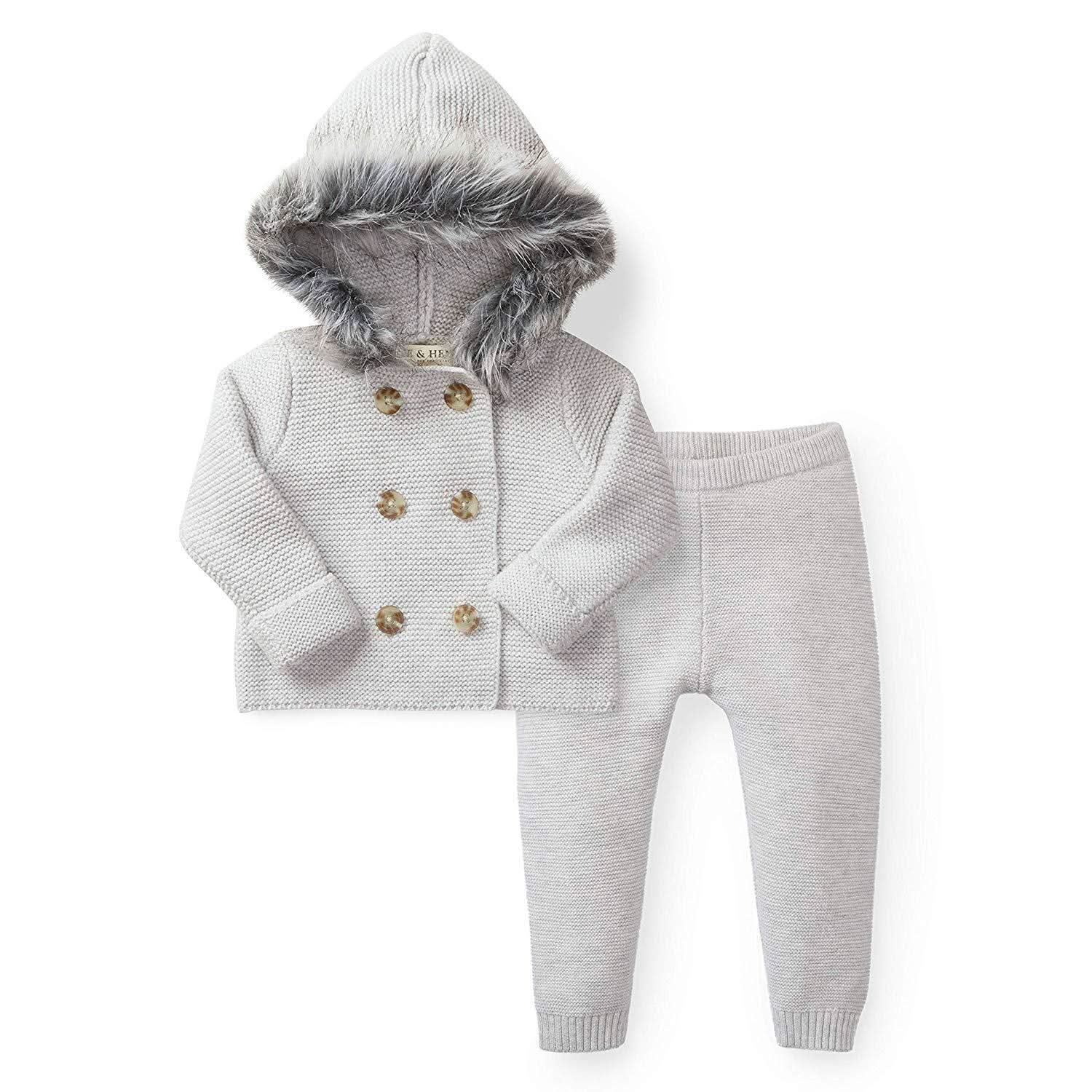 Faux Fur Hooded Sweater Set (Light Gray)
