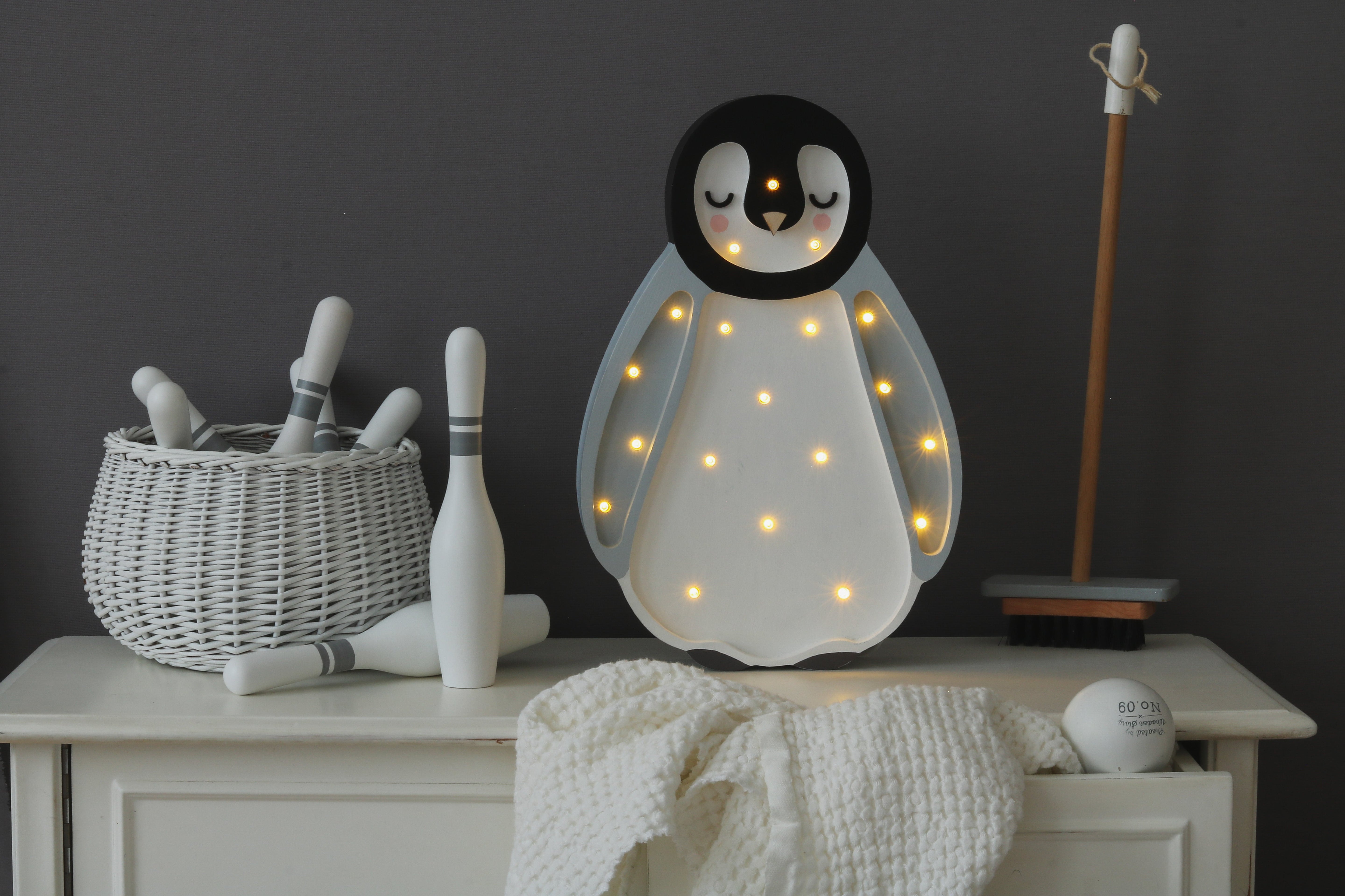Handmade gray Penguin Lamp by Little Lights featuring dimmable LED lights and remote